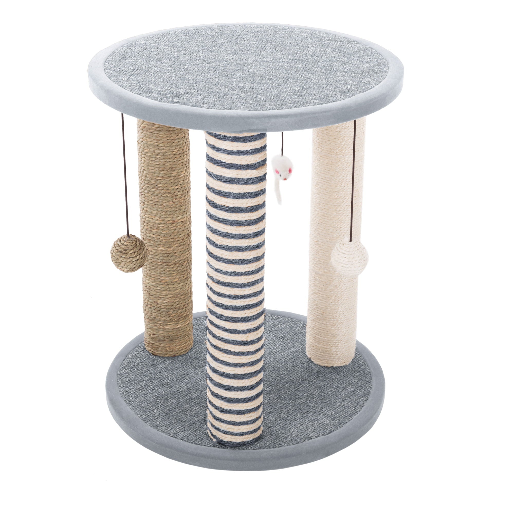 Cat Scratching Post Tower with 3 Posts， 2 Carpeted Perches， Sisal Rope Scratchers for Indoor Cats， Hanging Mouse， and Ball Toys by PETMAKER (Gray)