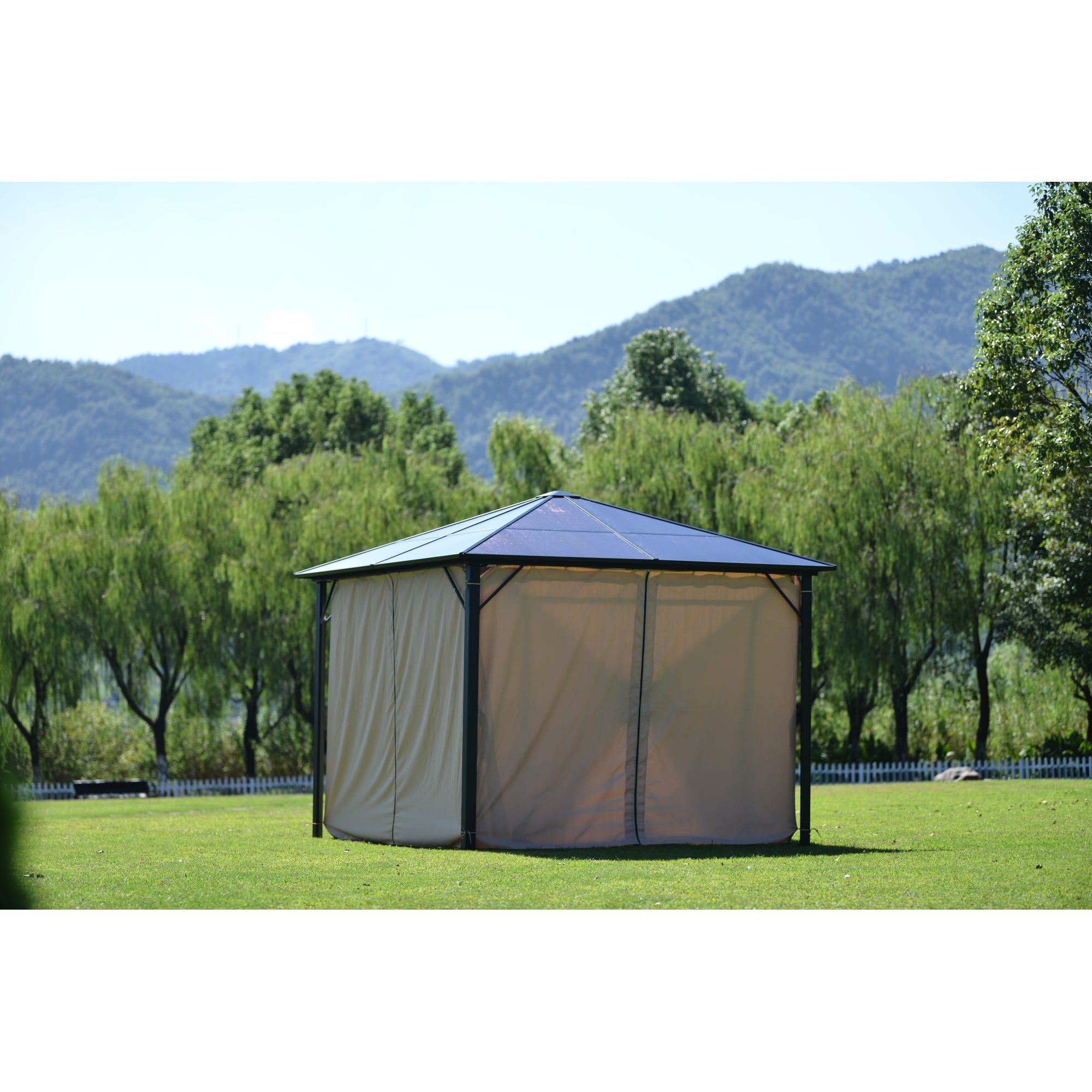 9.8 x 9.8 Ft Hardtop Gazebo with Sidewalls, Metal Top Gazebo with Aluminum Frame, Pergolas with Netting and Curtains, Outdoor Permanent Pavilion for Patio Deck Backyard Garden Lawns