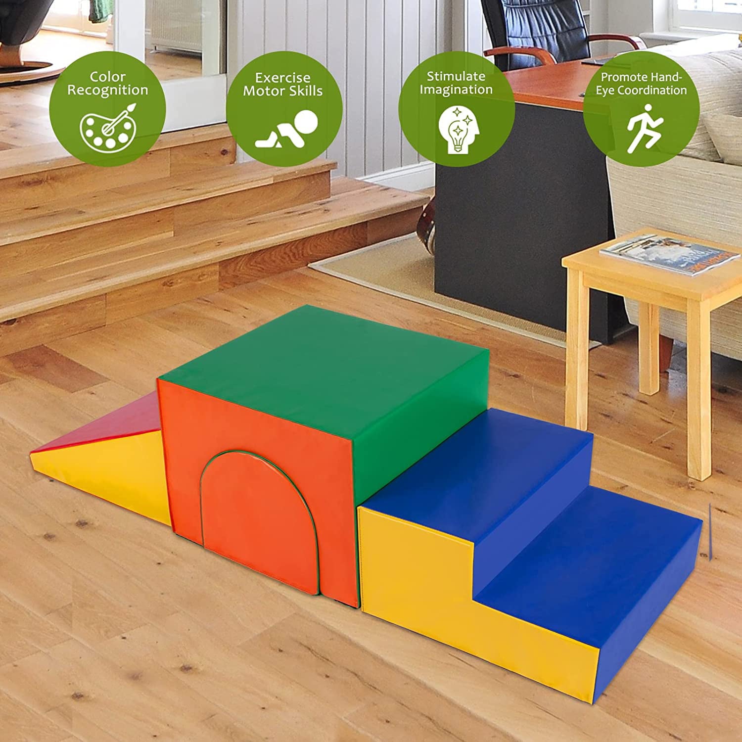 Polar Aurora 4PCS Single-Tunnel Foam Climber and Crawl Activity Play Set Soft Foam Toddler Stairs and Freestanding Indoor Active Play Structure for Toddlers and Kids， Easy to Assemble