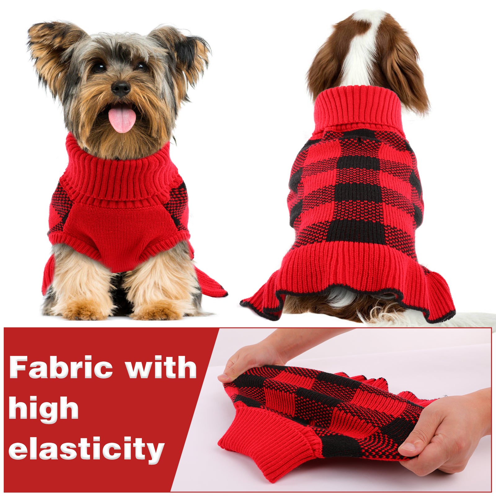 QBLEEV Pet Dog Sweaters Dress for Small Medium Dogs，Dog Knitwear Warm Turtleneck Pullover Puppy Sweater，Cute Pet Plaid Vest Dress with Leash Hole， Cozy Pet Fall Winter Clothes Christmas Apparel