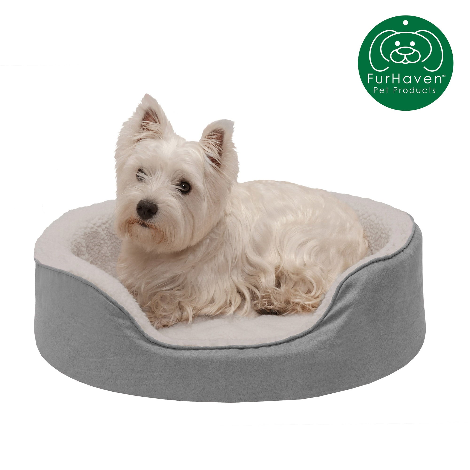 FurHaven | Orthopedic Faux Sheepskin and Suede Oval Pet Bed for Dogs and Cats， Gray， Medium