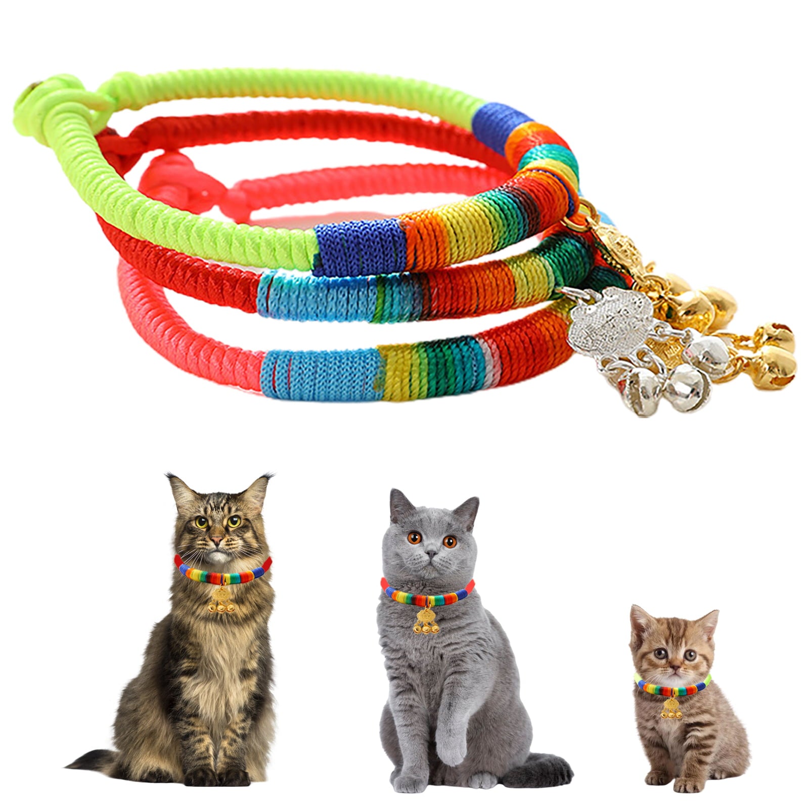 3 Pack Cat Collars，Cat Collars with Bells， Split Cat Collars， Woven Cat Collars， Polyester Cat Collars for Kittens