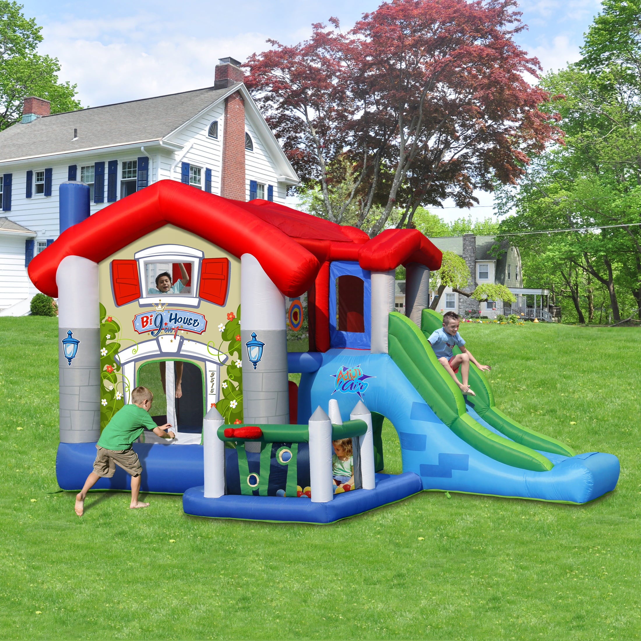 Action Air Bounce House， Inflatable Bouncer with 30 Pit Ball， Bouncy Castle with Blower for Kids 3-10 Years
