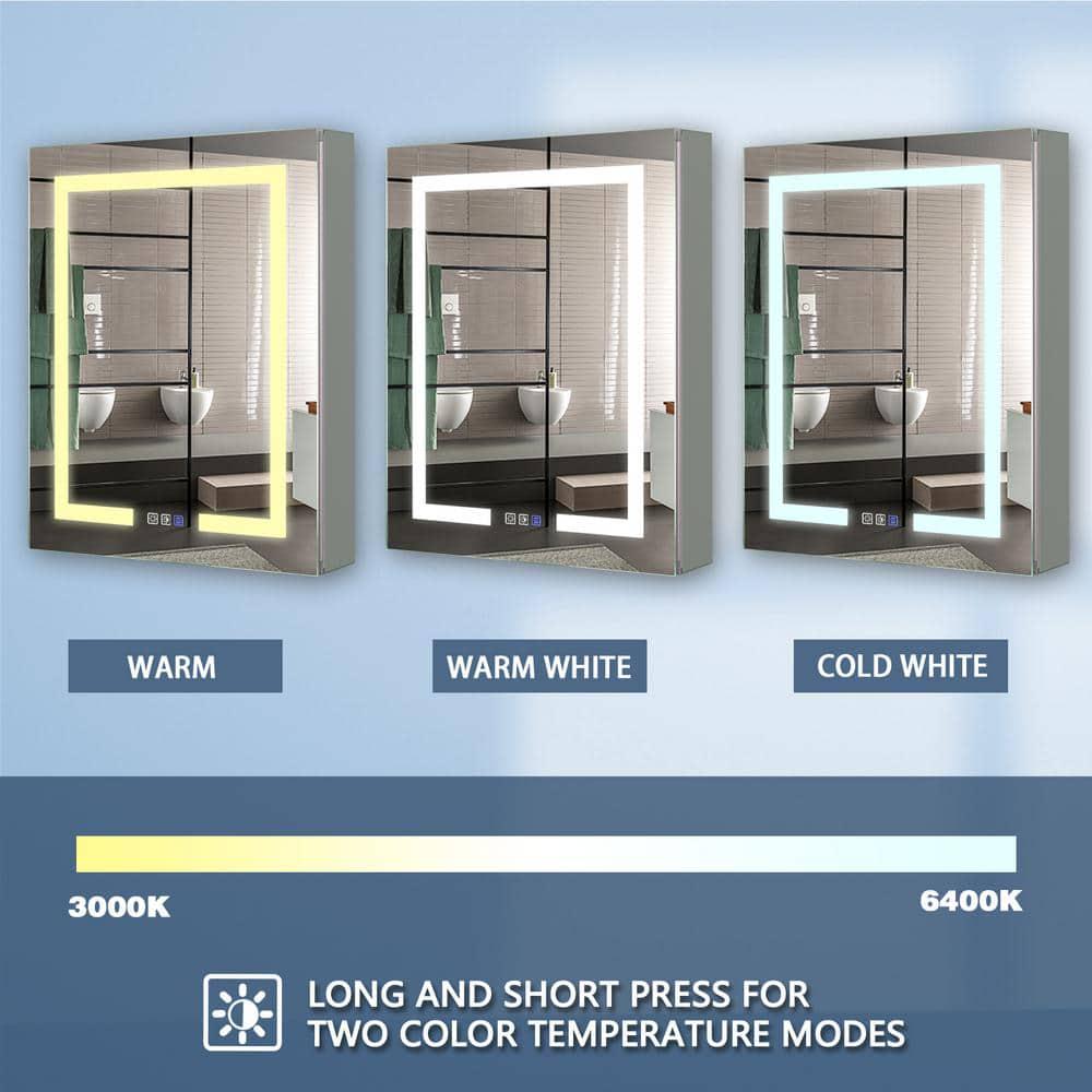 ExBrite 24 in W x 30 in H Rectangular Silver Aluminum RecessedSurface Mount Left Dimmable Medicine Cabinet with Mirror