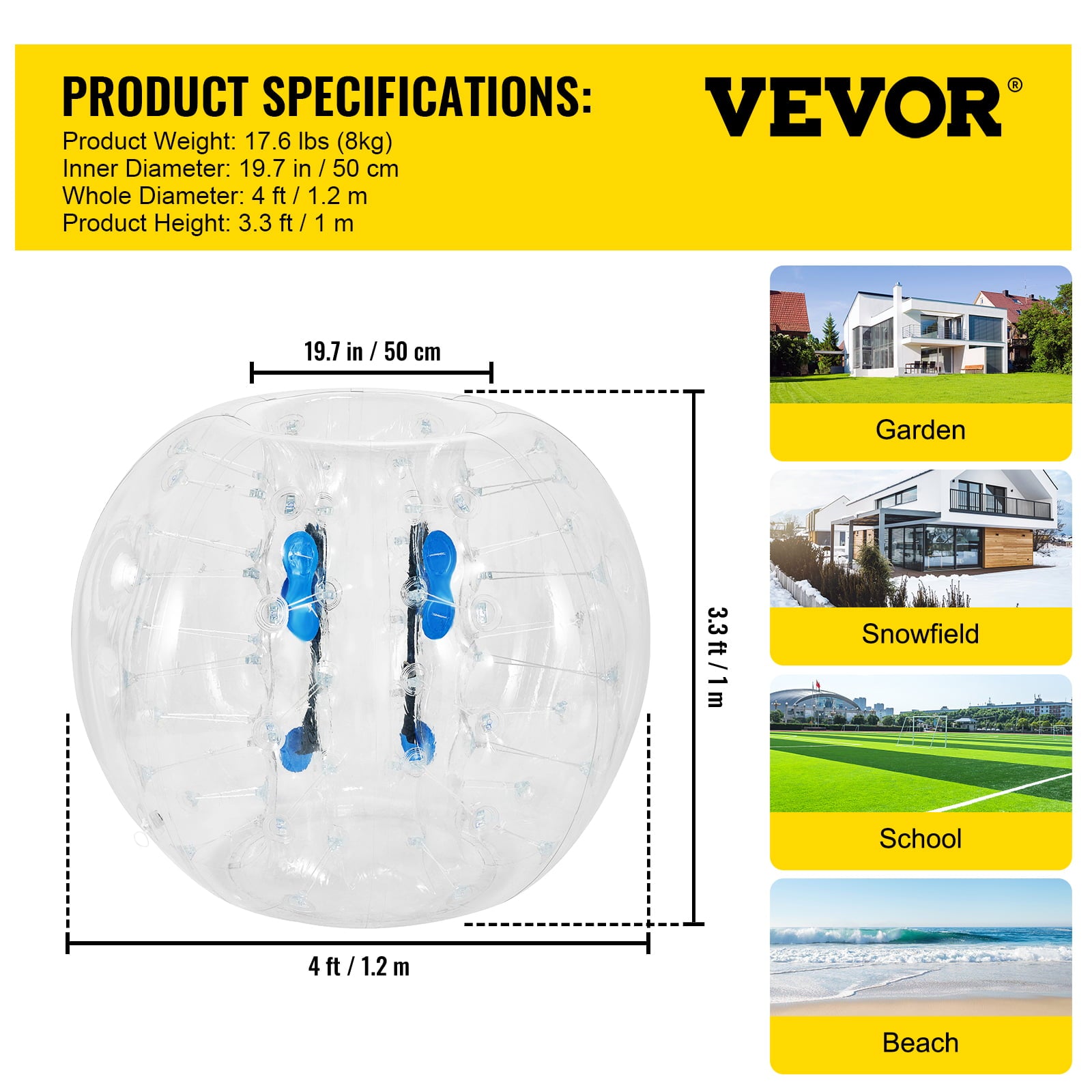 VEVOR Inflatable Bumper Balls 2 PCS ，Bumper Bubble Balls 4ft， Inflatable Bumper Ball with PVC Material ， Inflatable Body Zorb Ball for Adults and Teens Outdoor Activities