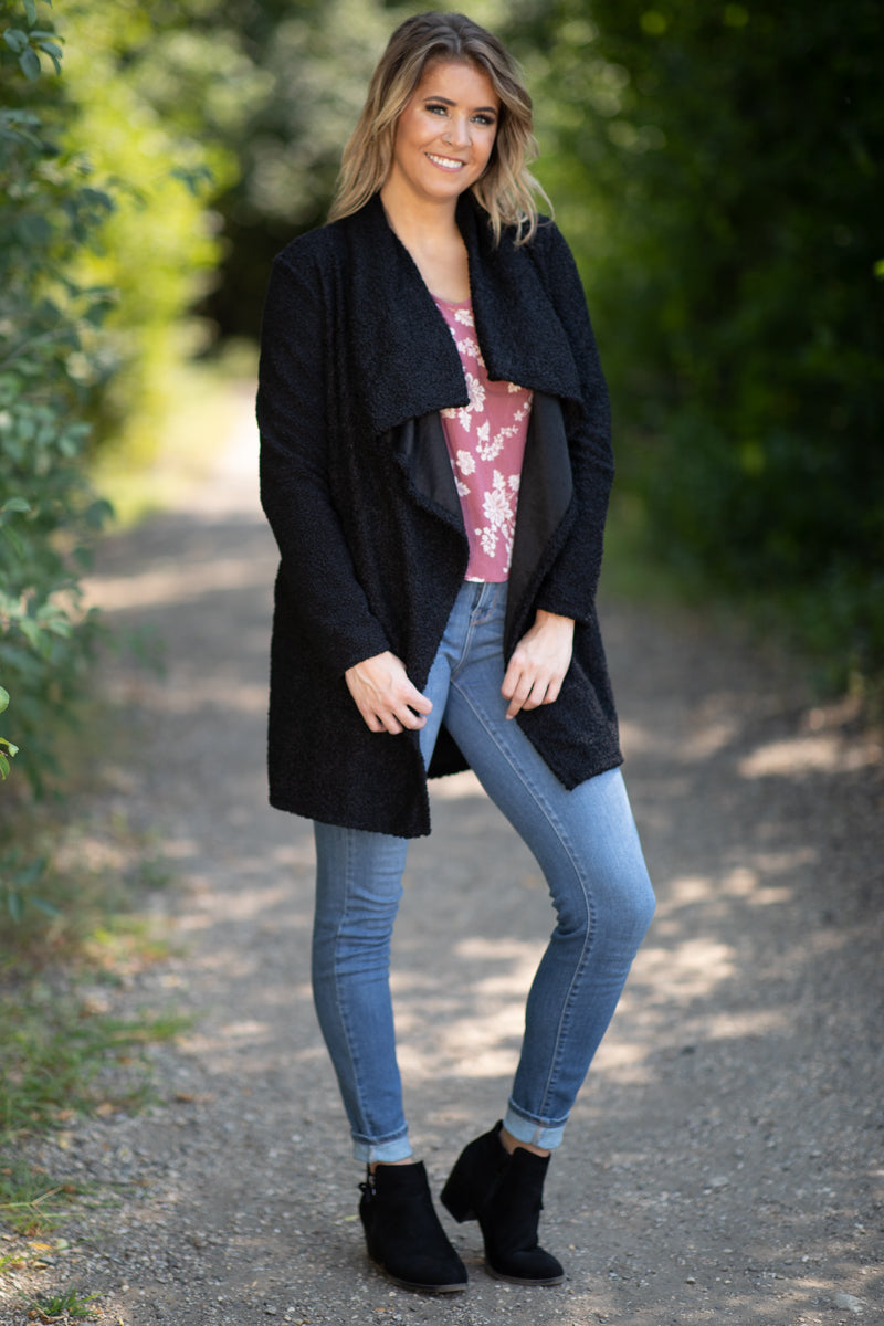 Black Sherpa Waterfall Collar Cardigan