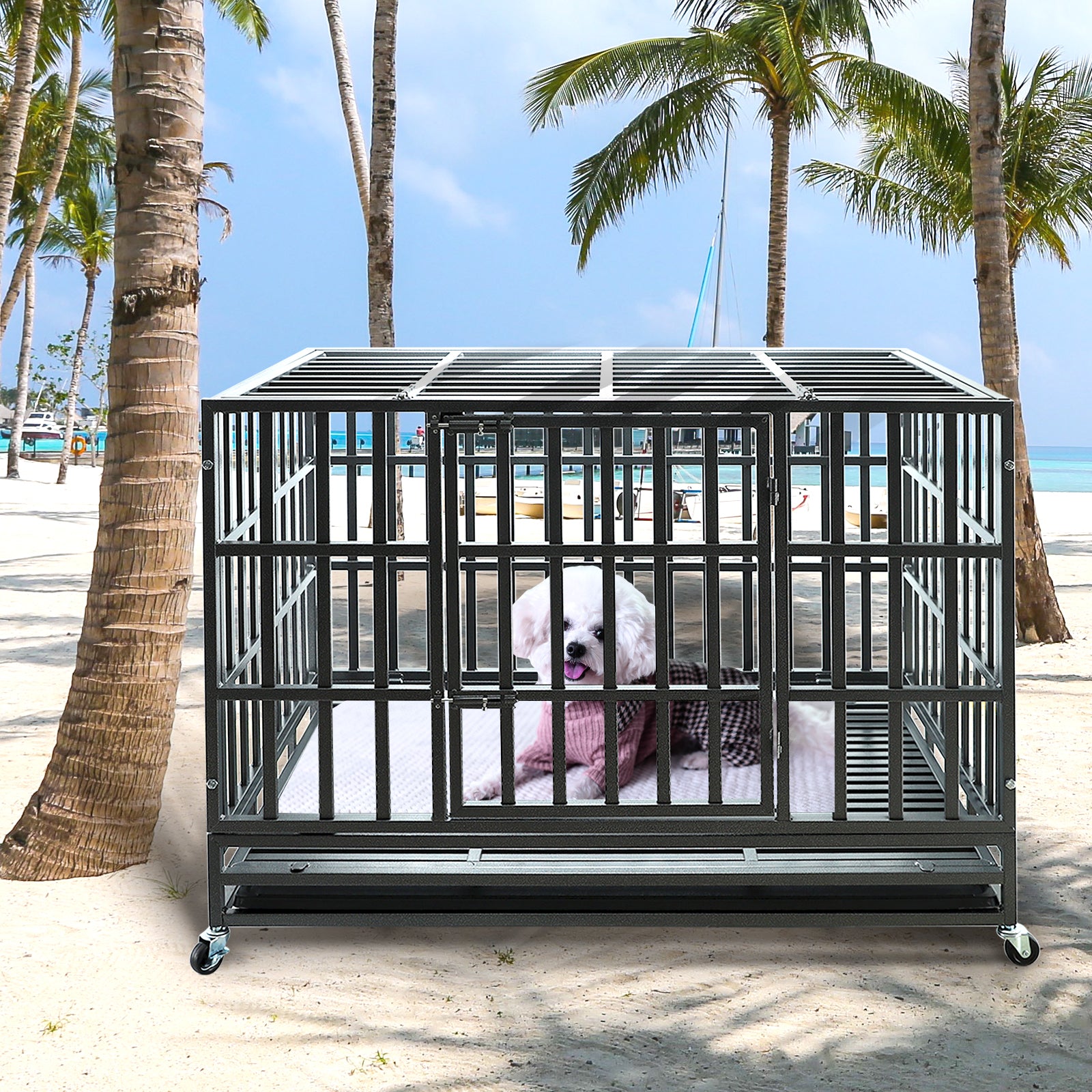 confote 47Inch Heavy Duty Dog Kennel Strong Metal Dog Cage Pet Crate for Medium and Large Dogs with Four Lockable wheels， Removeable Tray