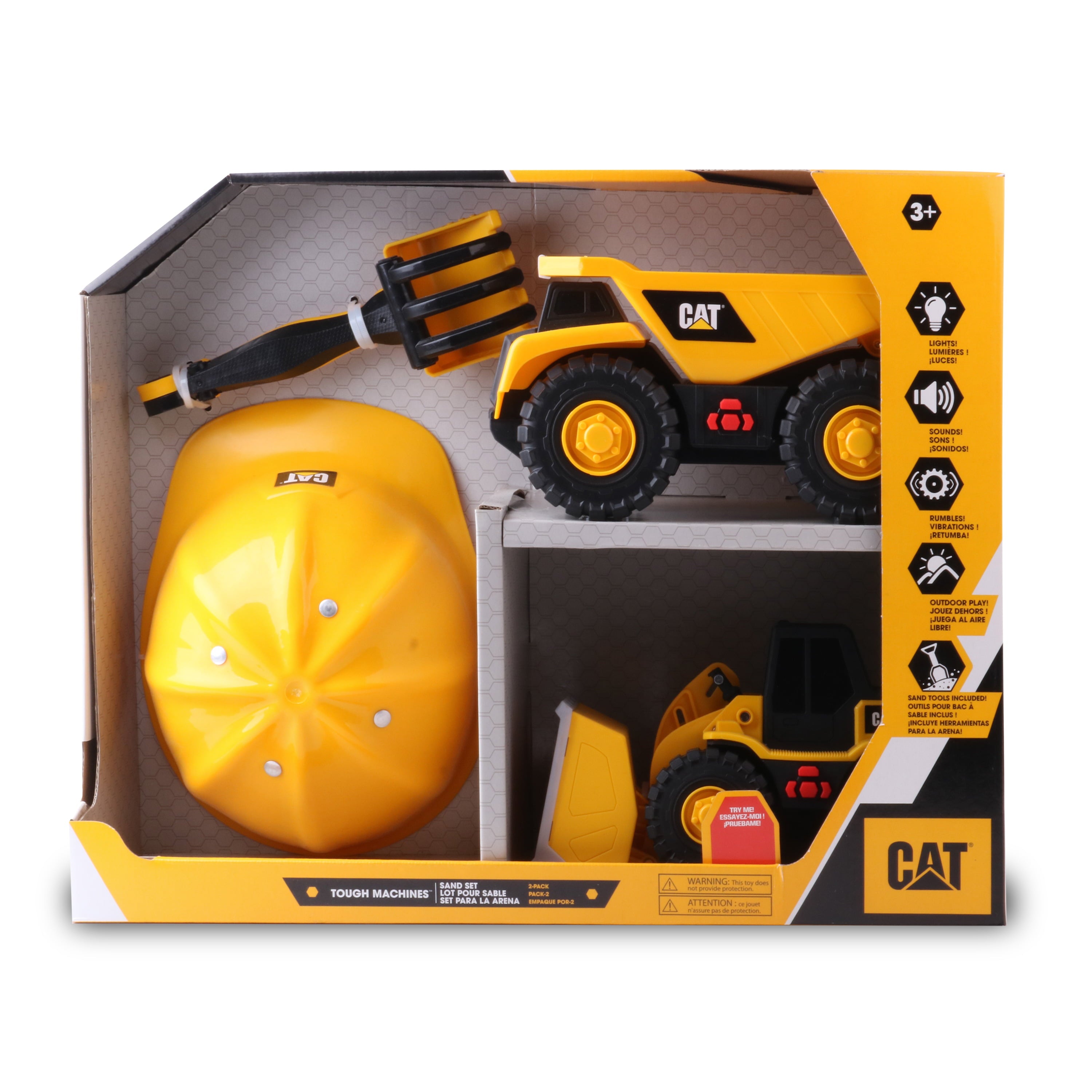 Cat Tough Machines Light and Sound Toy Vehicle Set Including Bonus Hard Helmet. Includes Cat Officially Licensed Dump Truck and Front End Loader.