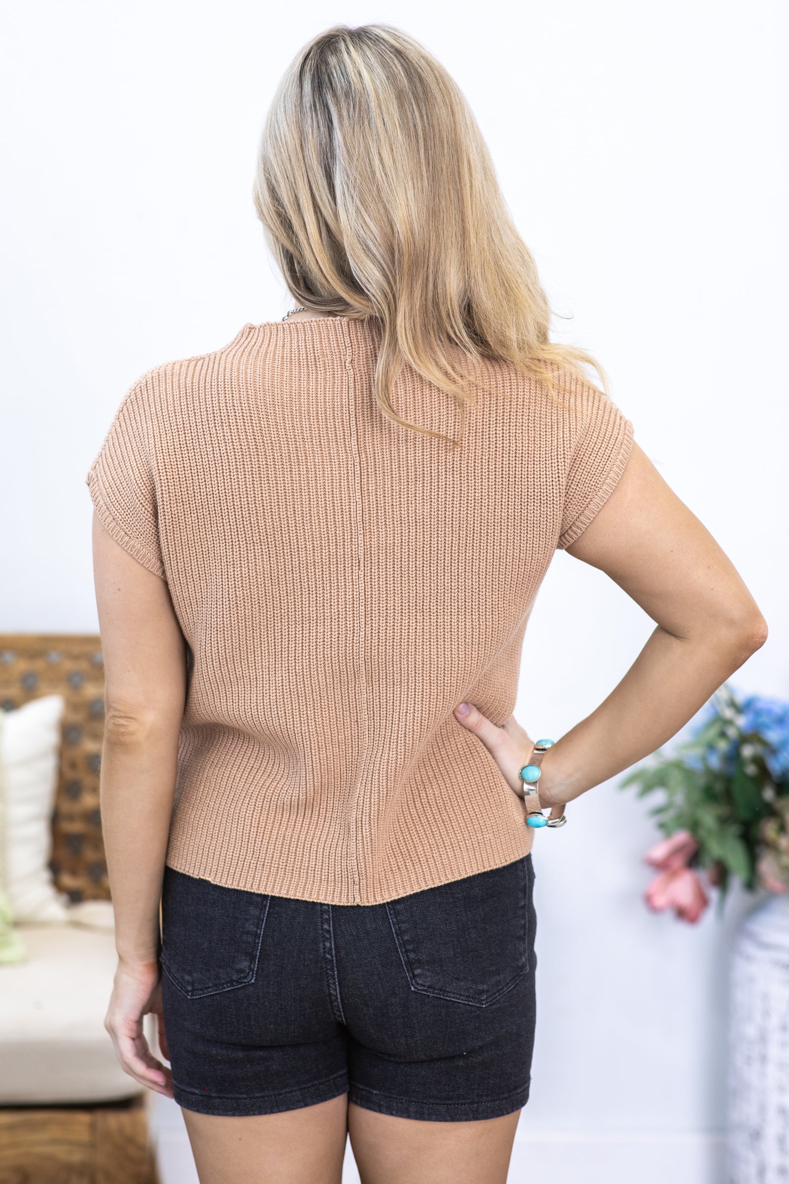 Tan Mock Neck Short Sleeve Sweater Top