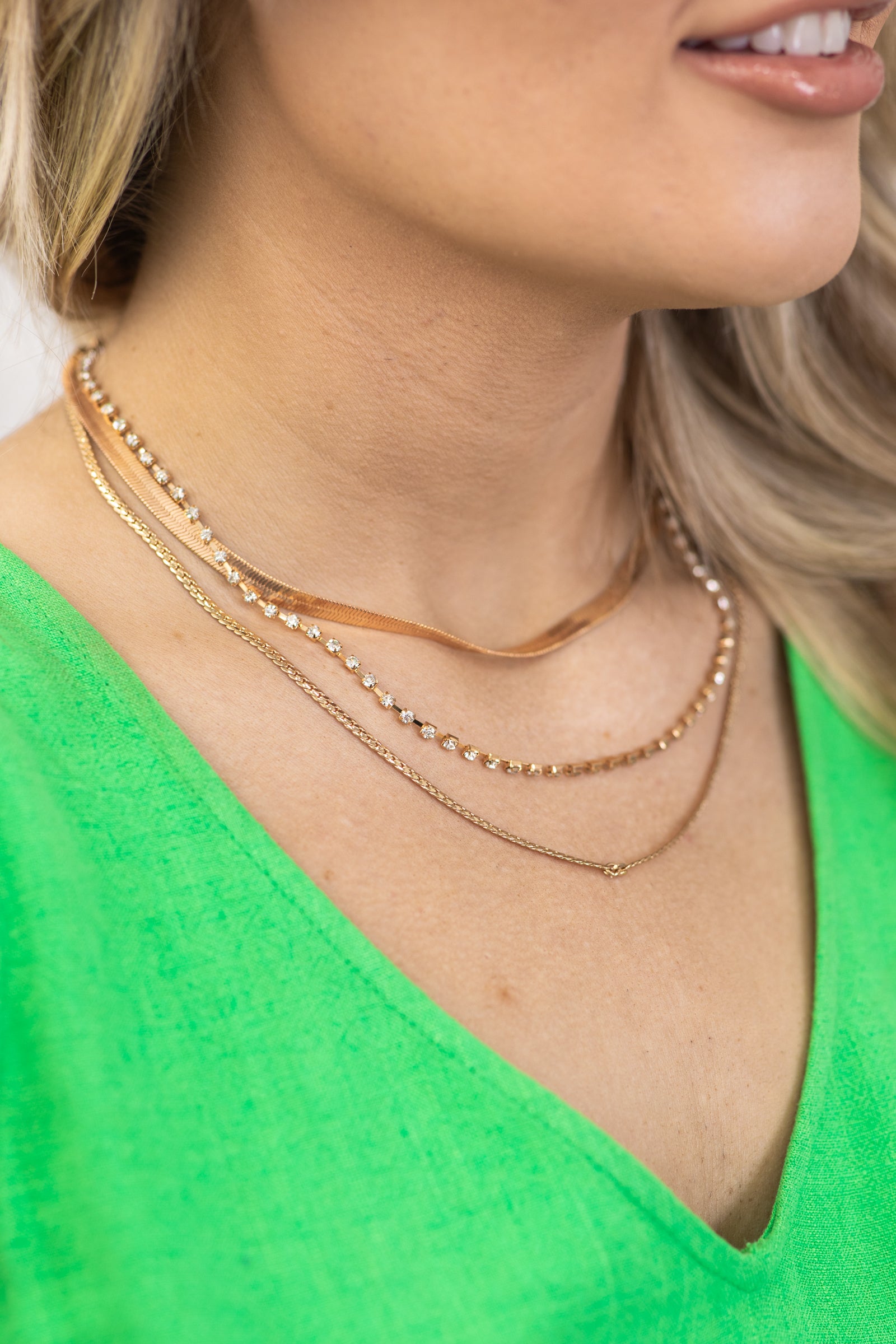 Gold Rhinestone Flat Link Layered Necklace