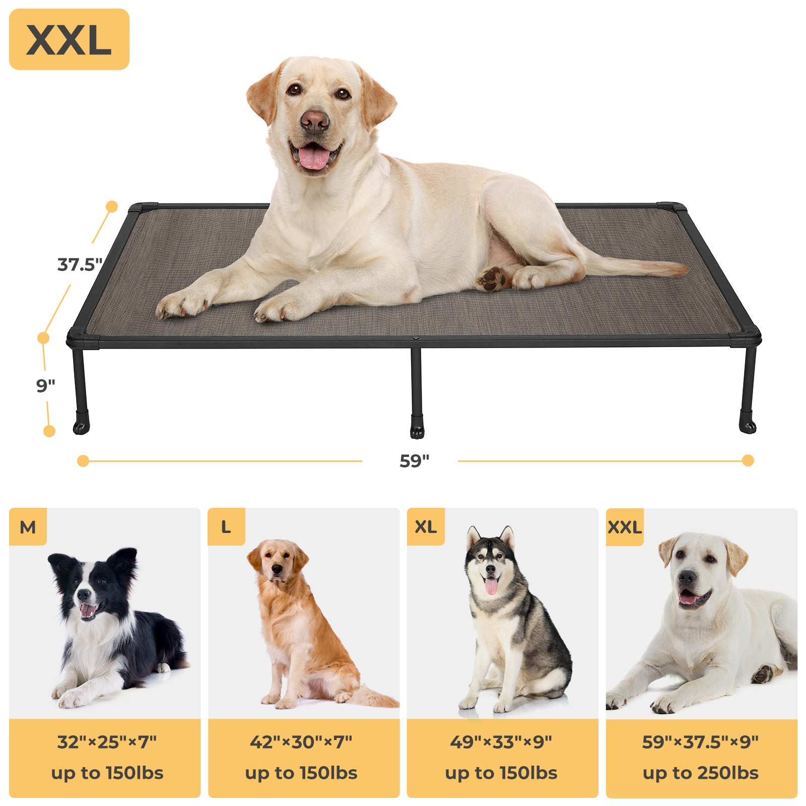 Veehoo Chewproof Dog Bed， Cooling Raised Dog Cots with Black Metal Frame， XX Large， Brown