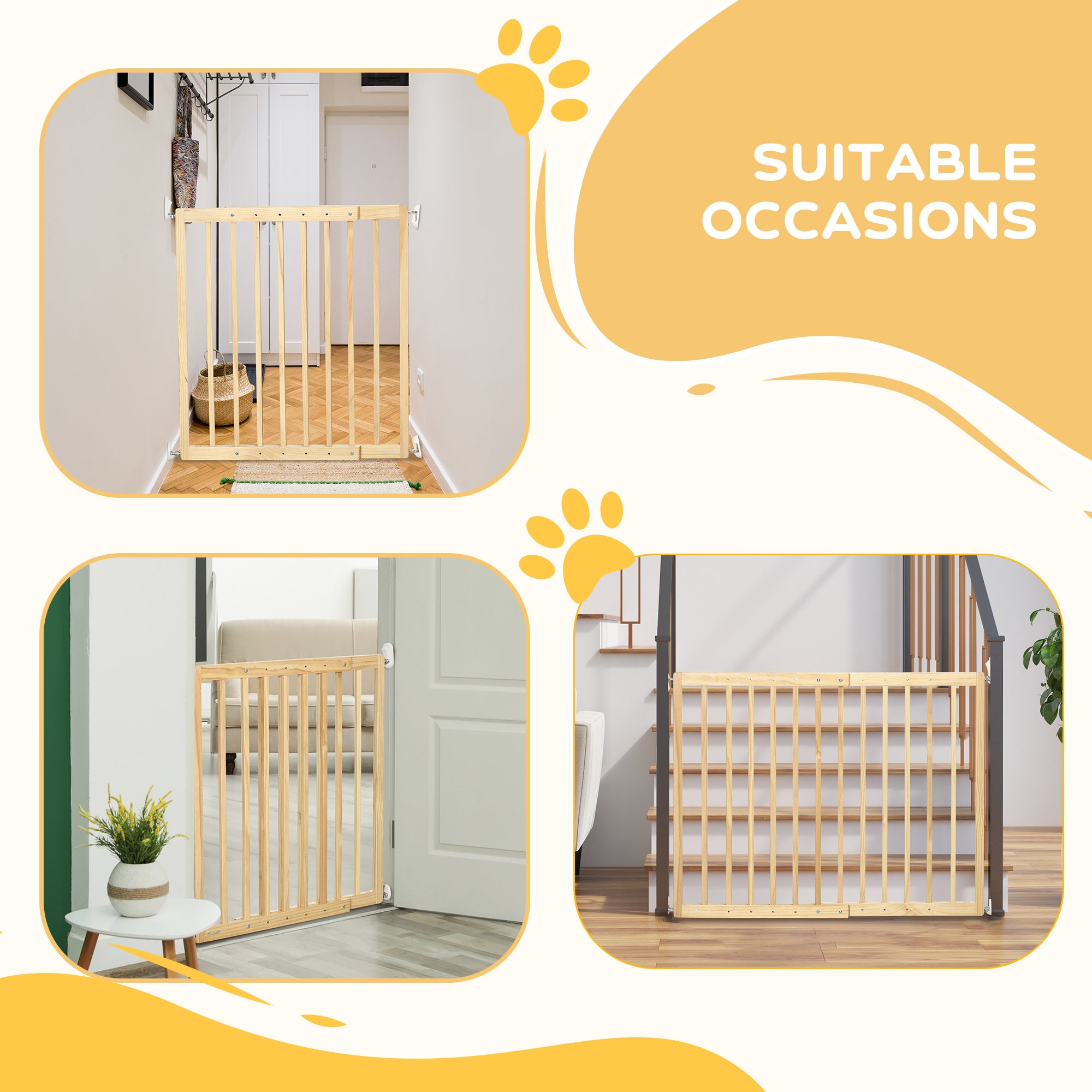 PawHut Double-Sealing Easy-Open Retractable Dog Gate for Stairs， Hallways， and Doorways， Medium Wooden Dog Gate， Walk Through Pet Gate for Small Dogs