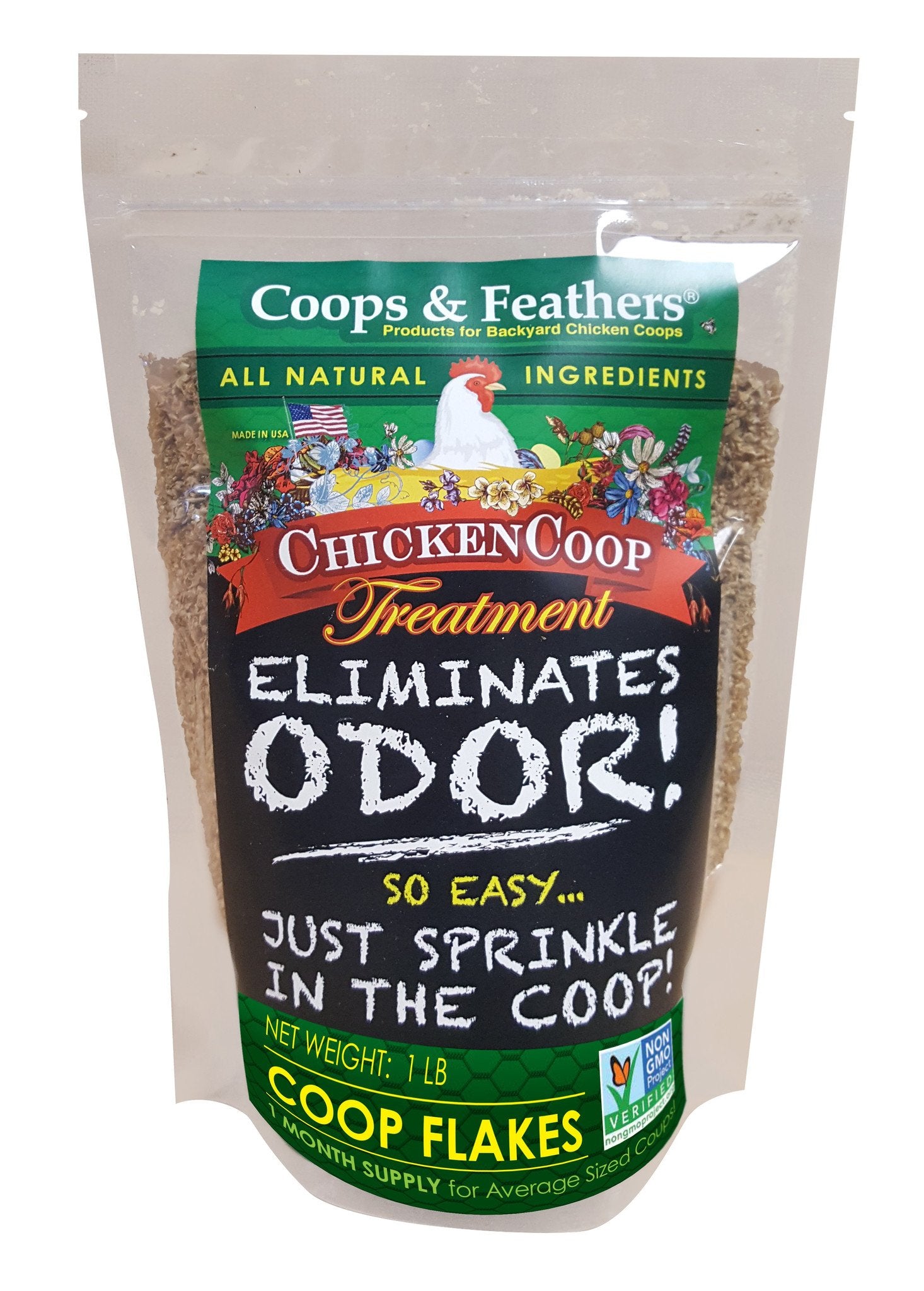 Coops and Feathers Premium Chicken Coop Flakes-1 pound -Eliminates Odor|Non-Toxic|Dust-Free