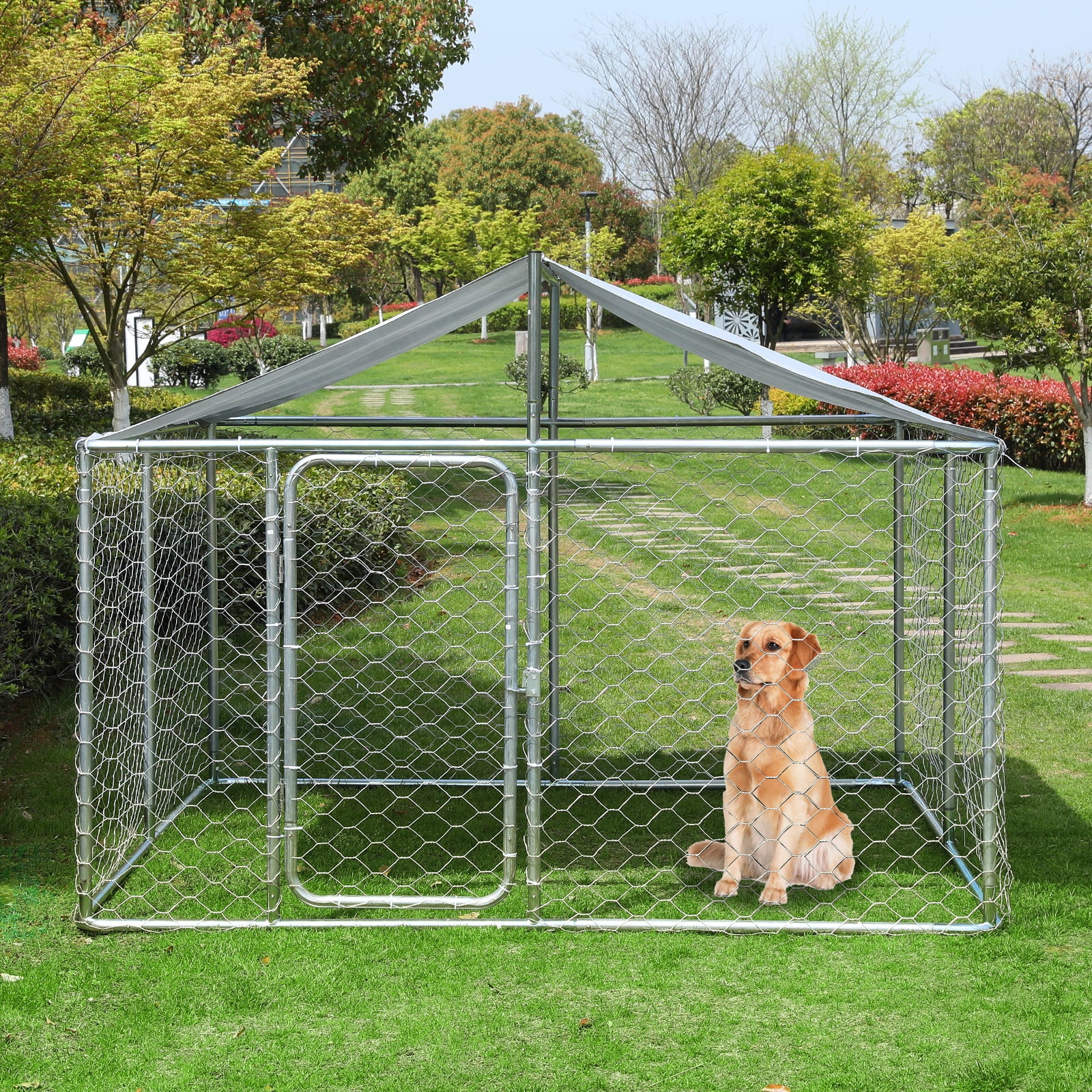 Dog Kennel Outdoor Metal Dog Cage Outside Dog Fence Pet Enclosure Fencing with Water-Resistant Cover Roof Backyard Dog Run House (Basic)