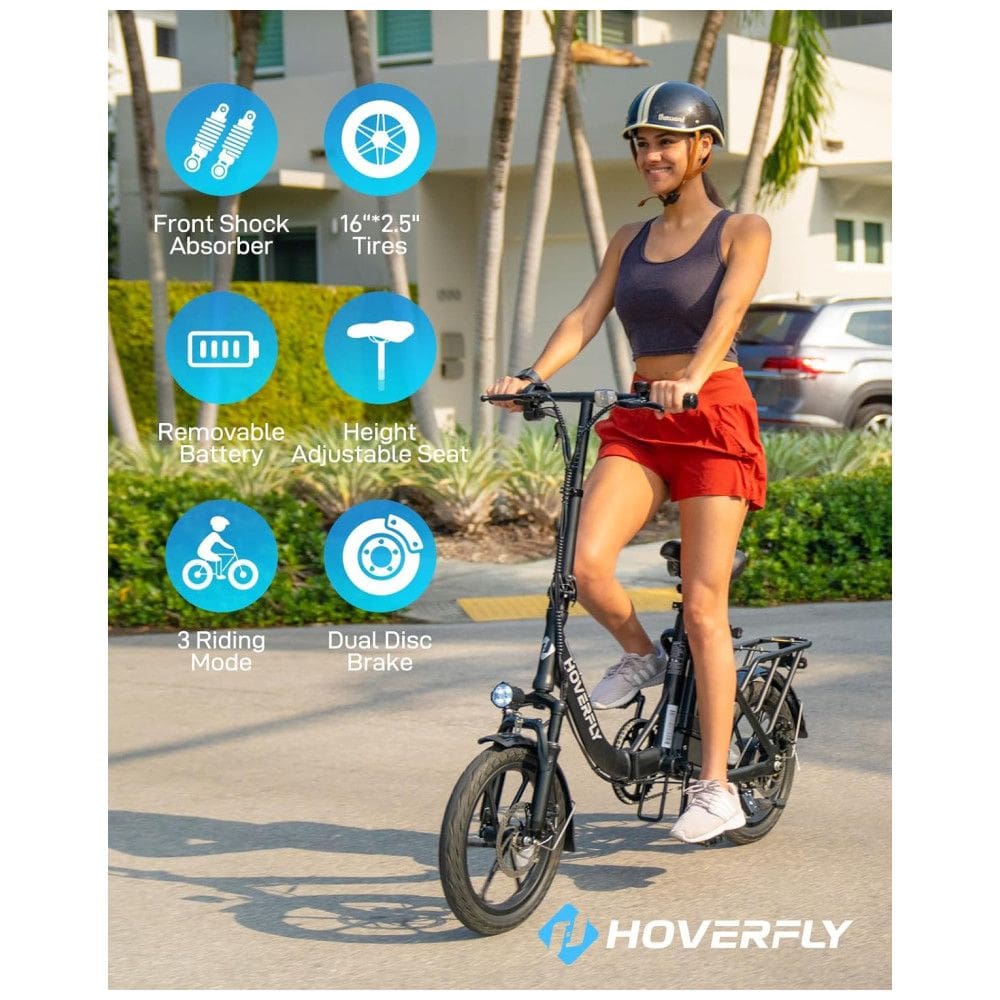 Bicicleta Elétrica Dobrável Hoverfly, 500W de Pico, 25 km/h, 45 km de Alcance, Rodas 16