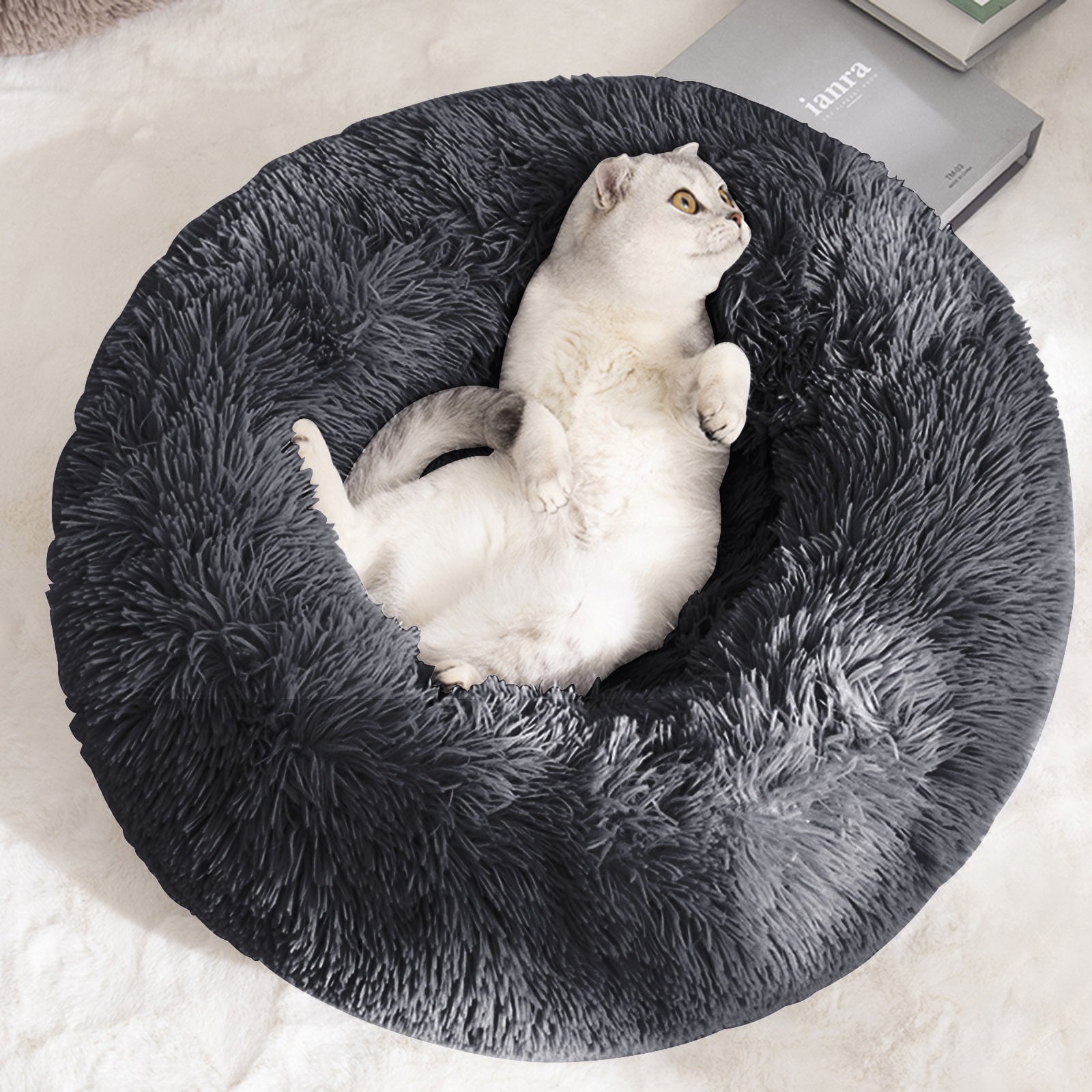Nisrada Cat Beds for Indoor Cats，20 inch Pet Bed for Small Dogs and Cats， Washable-Round Pet Bed for Puppy and Kitten with Soft Fluffy Warm and Cozy (20 inch， Dark Gray)