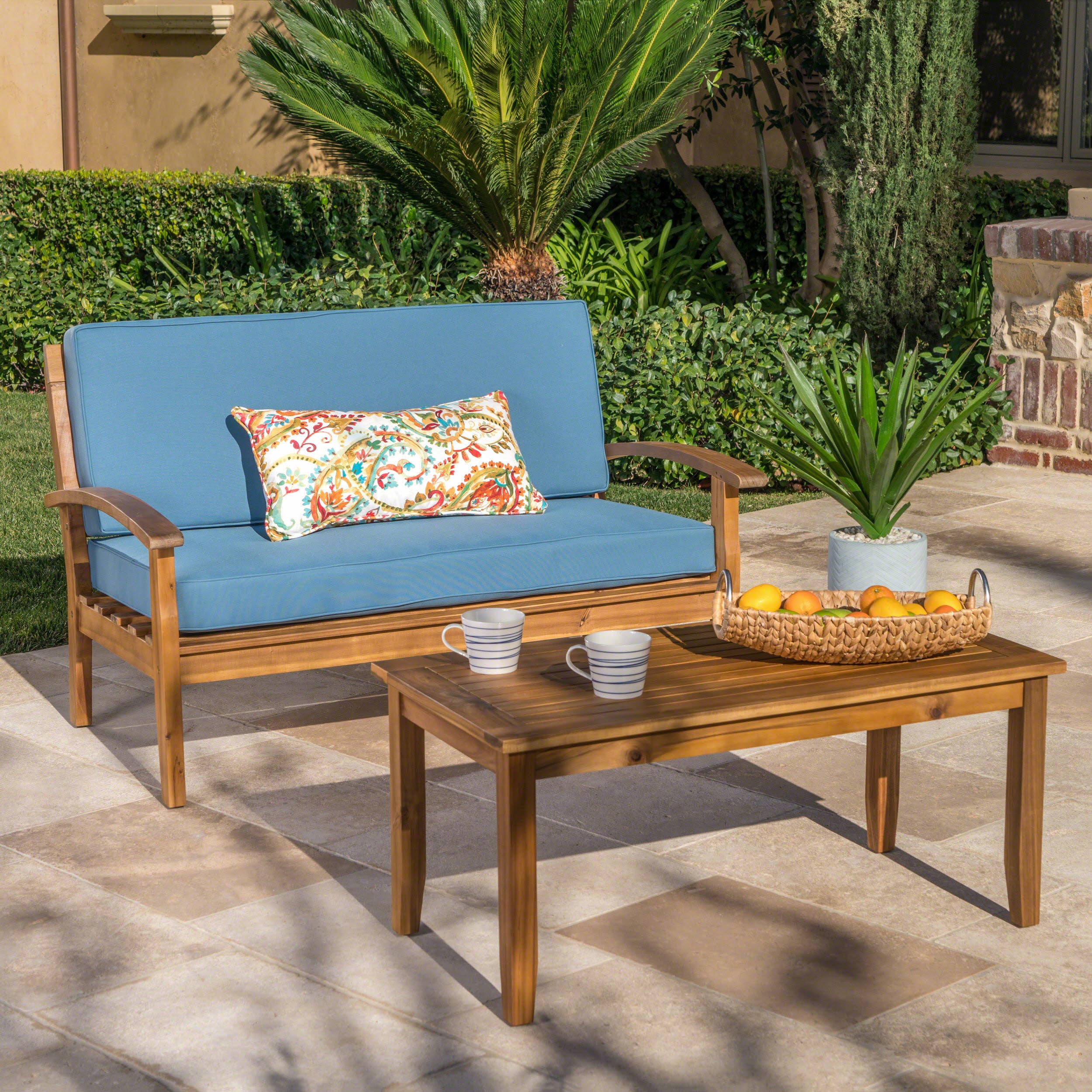 Keanu Outdoor Acacia Wood Loveseat and Coffee Table Set with Cushions