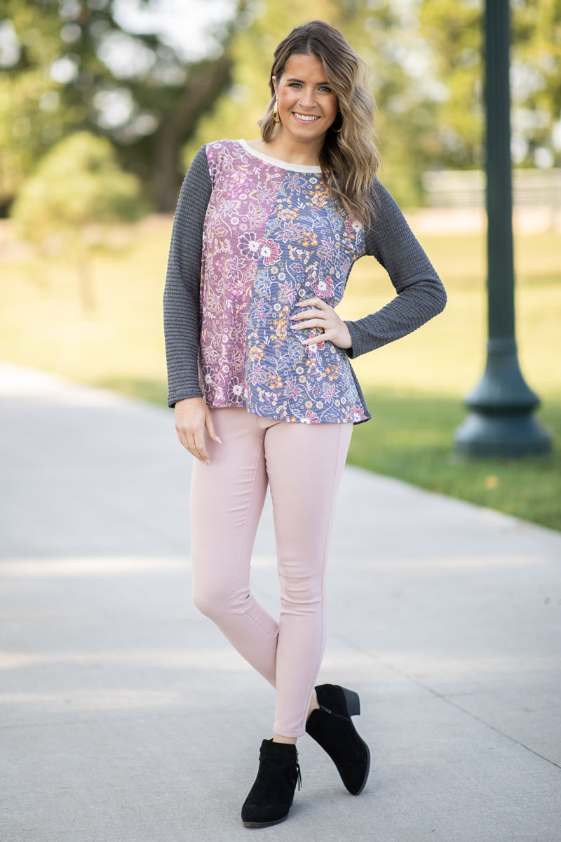 Charcoal Multicolor Paisley Floral Print Top