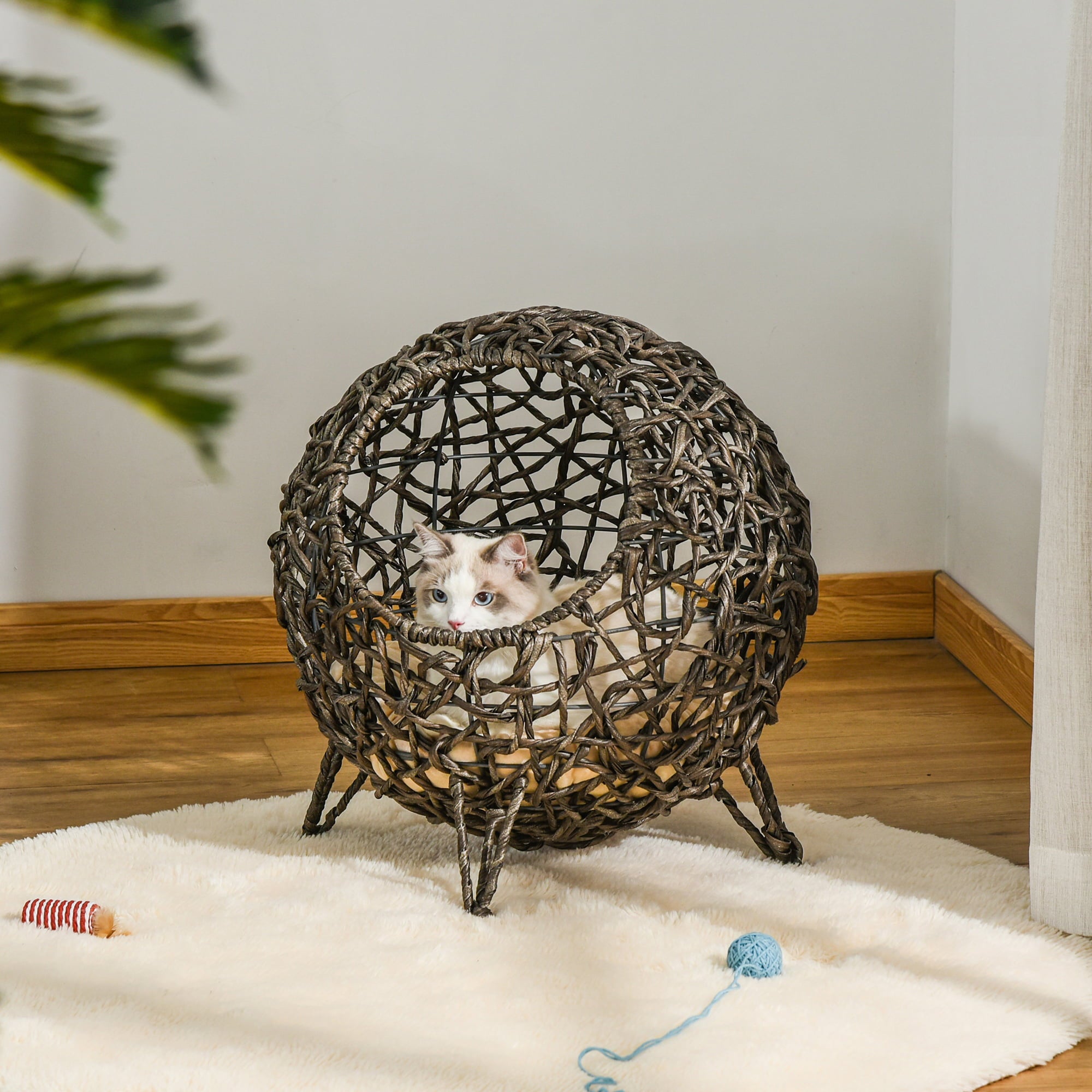 PawHut Wicker Cat Bed Elevated Rattan Kitten Basket Cozy Cave w/ Soft Cushion
