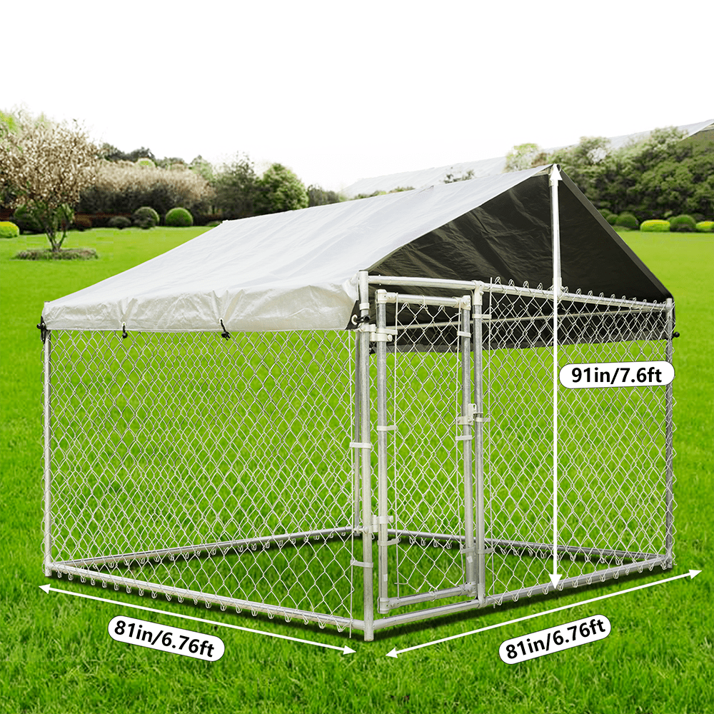 HITTITE Large Outdoor Dog Kennel， Heavy Duty Outdoor Fence Dog Cage， Anti-Rust Dog Pens Outdoor Dog Fence with Waterproof UV-Resistant Cover and Secure Lock for Backyard 6.76' L x 6.76' W x 7.61