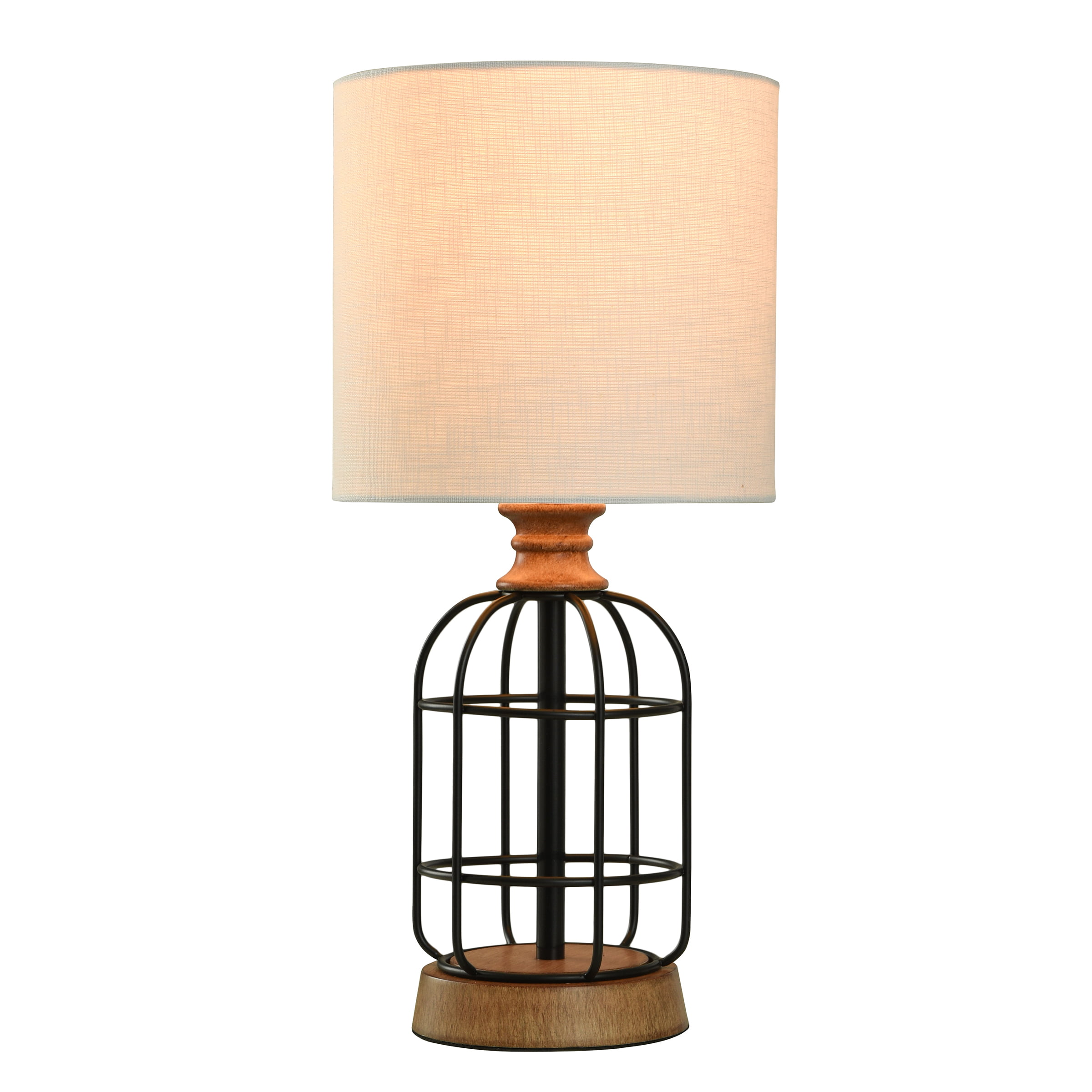 Mainstays Black Metal Cage Table Lamp with Wood Accents and Drum Shade， bulb included， 17