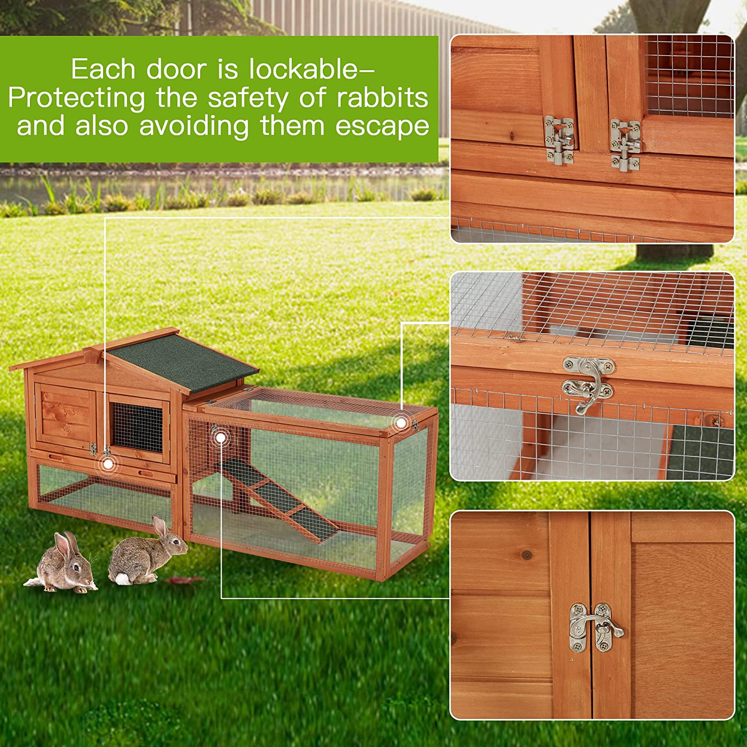 Wooden Rabbit Hutch， 2-Tiyer Indoor Outdoor Pet House with Pull Out Tray， Bunny Cage with Ramp and Waterproof Roof， Grey