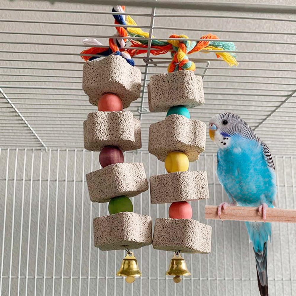 Parrot Chewing Toy， Bird Beak Grinding Stone with Bell， Lava Block Calcium Supplement Food for African Greys Amazon Conure Eclectus Budgies Parakeet Cockatiel Hamster Chinchilla Rabbit， 2 Pack