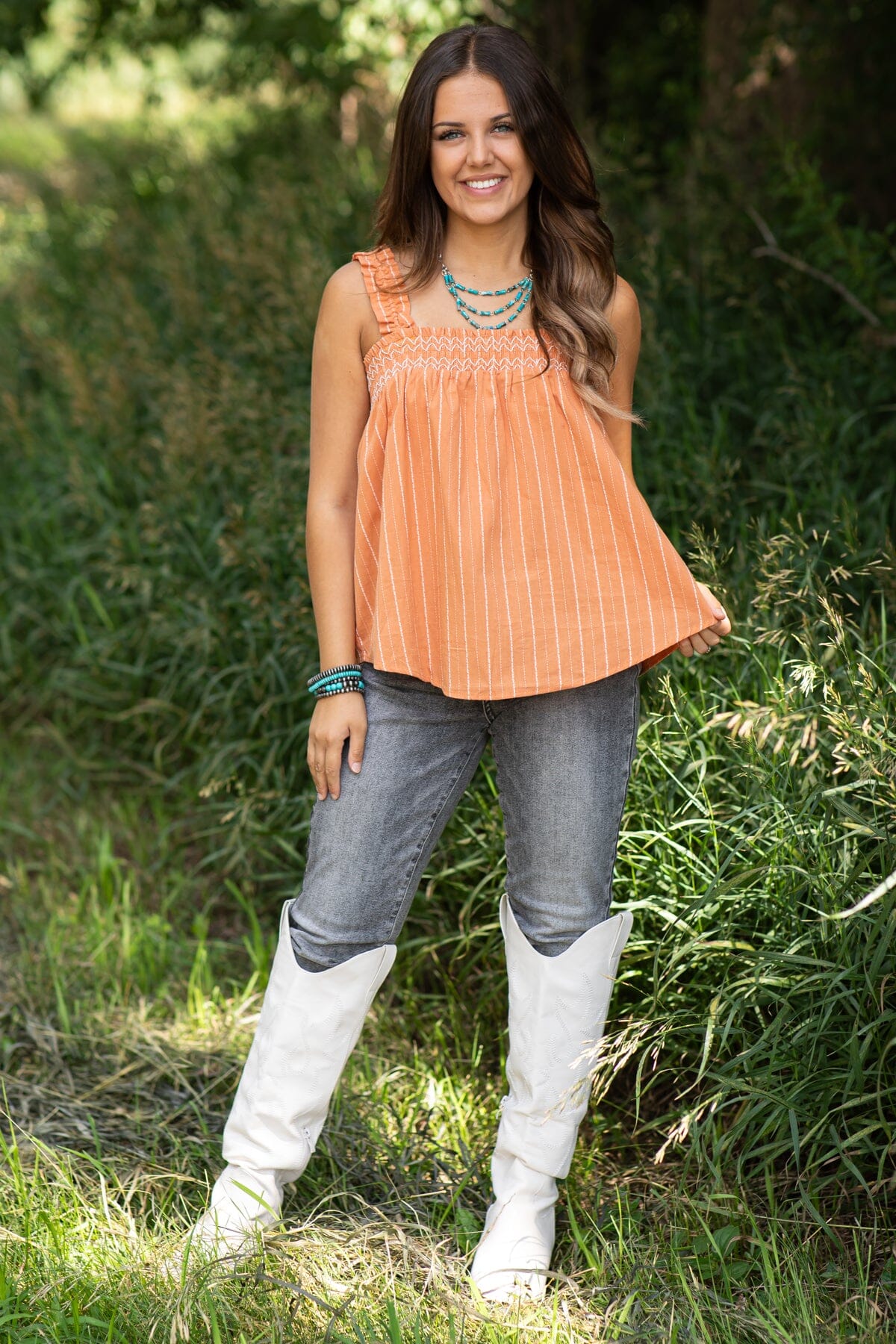 Burnt Orange Embroidered Trim Tank