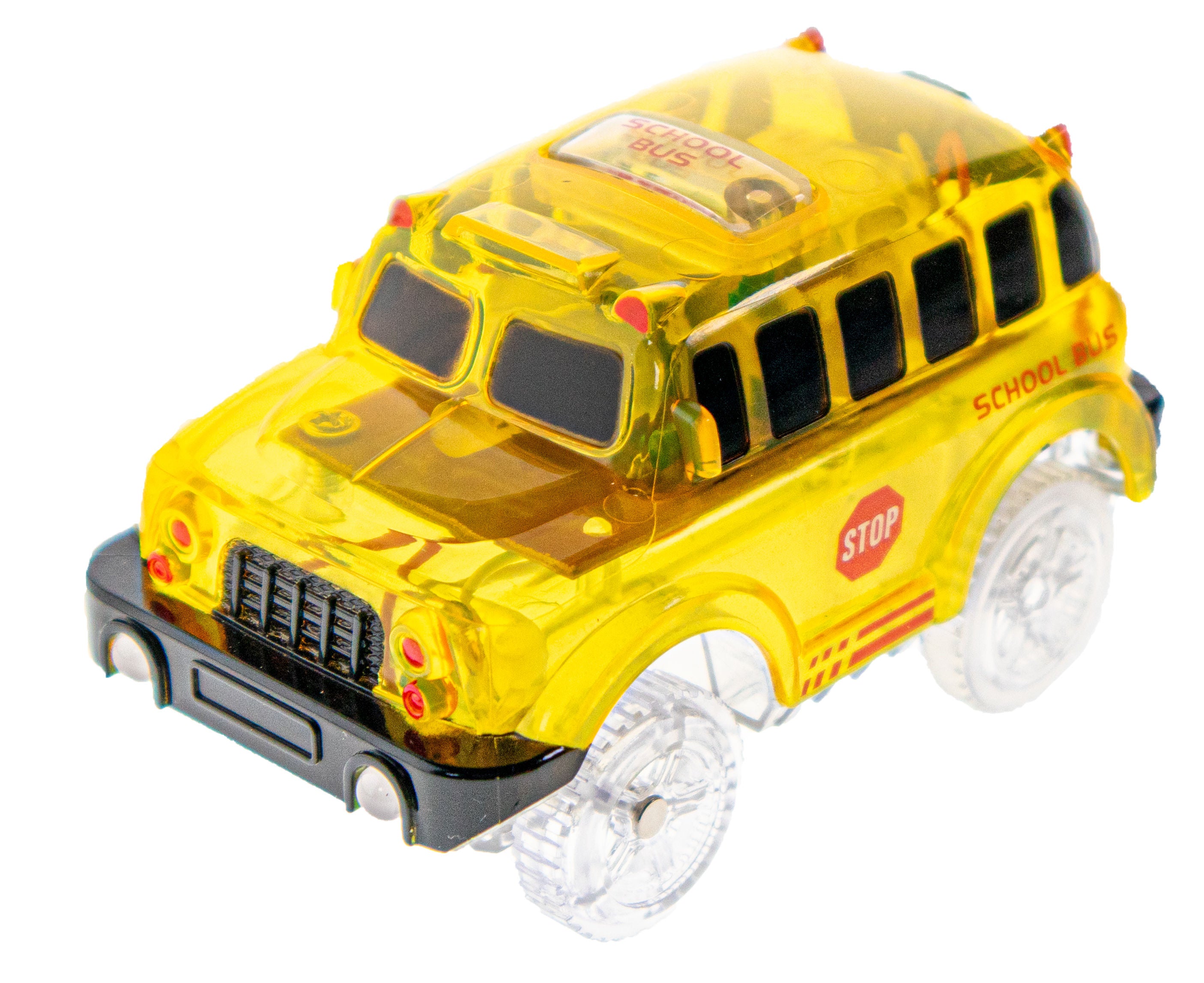 2 Magical Twister Flexible Glow In the Dark Race Car Track Emergency Vehicles -UK English School Bus and Police Truck