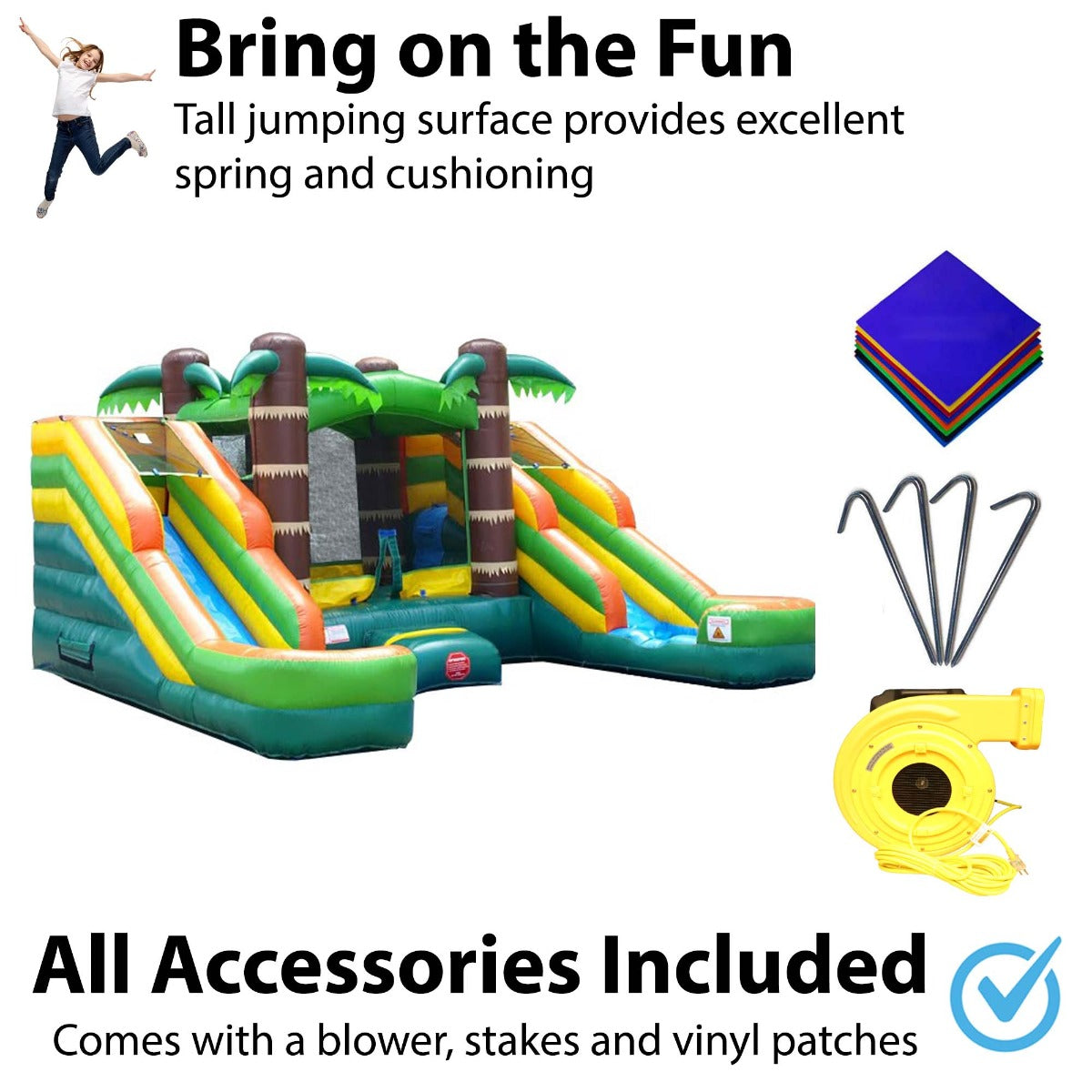 Pogo Bounce House Crossover Tropical Inflatable Double Water Slide Bounce House， Backyard Party Package