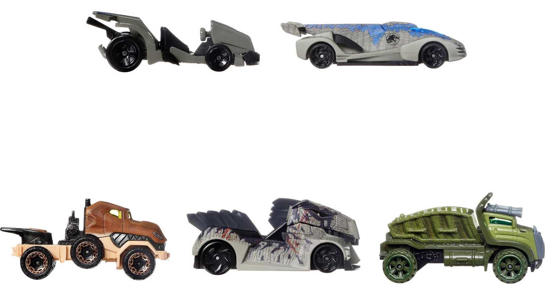 Hot Wheels Jurassic World Dominion Set of 5 Toy Character Cars or Trucks， Collectible Vehicles