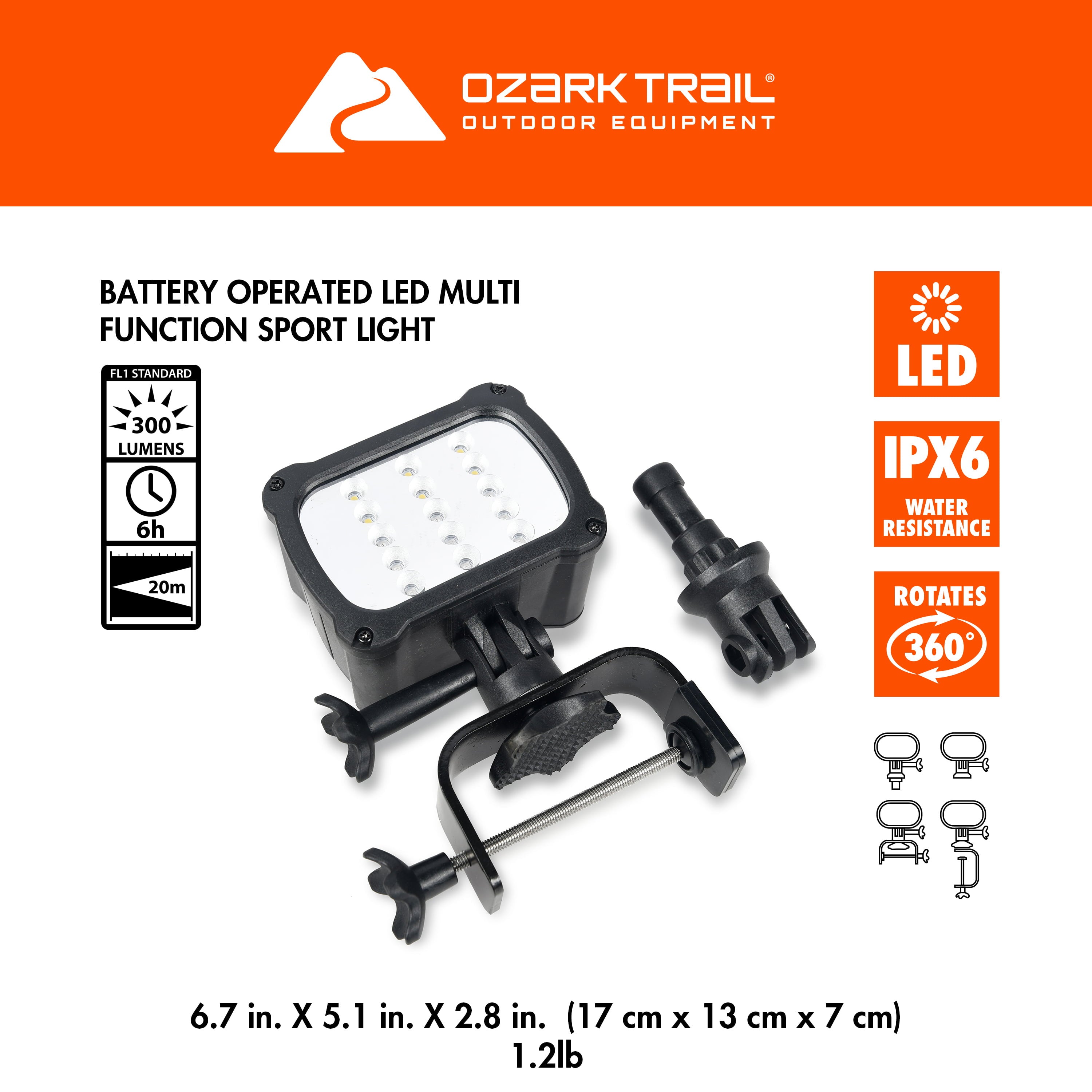 Ozark Trail Battery Powered 300 Lumen LED Multi Function Sport Light，  360-Adjustable Beam， Model BT6245