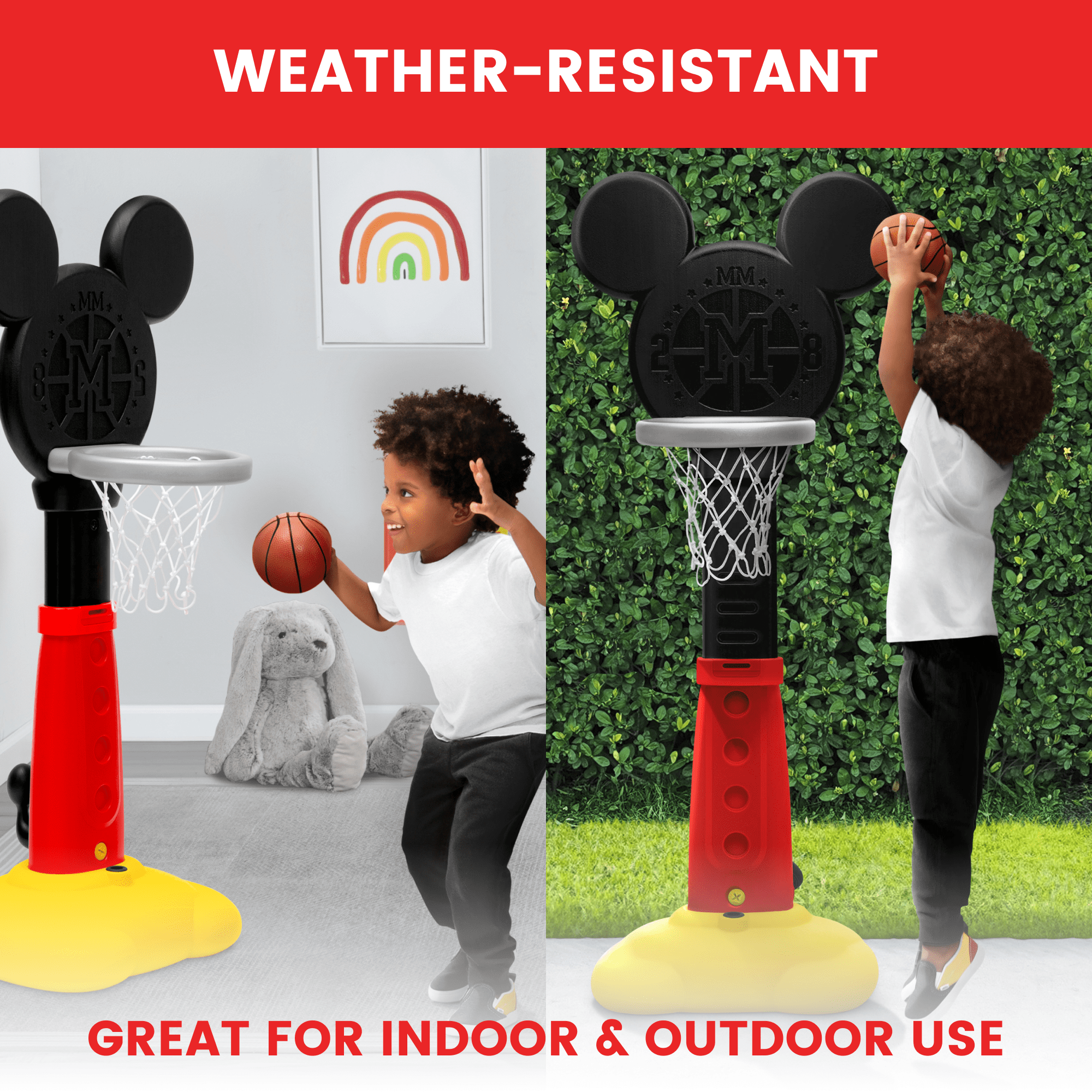 Disney Mickey Mouse Plastic Basketball Set by Delta Children – Includes Basketball Hoop， 1 Basketball， Ring Toss Game with 3 Rings， Growth Cart and Ball Pump