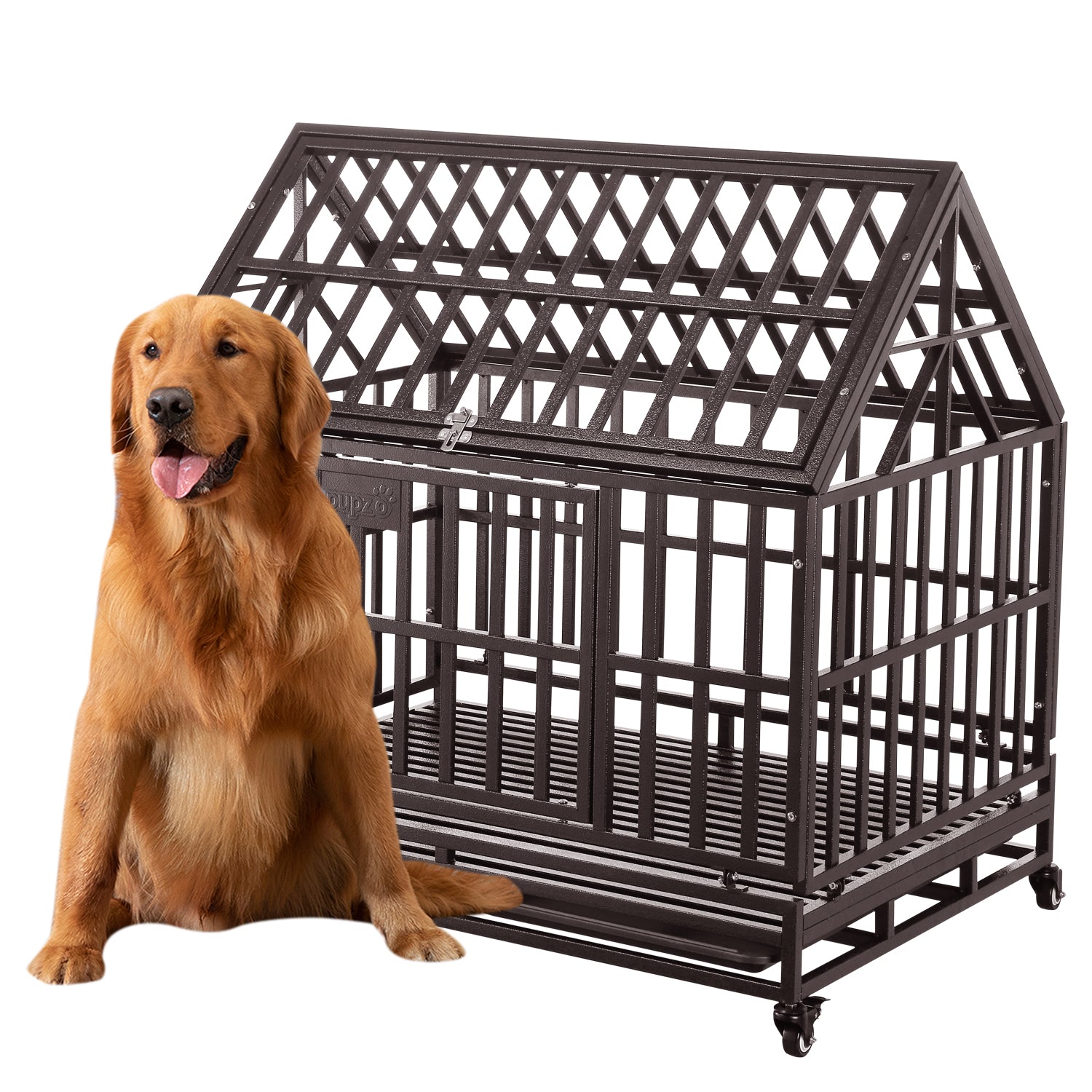 Ainfox 42 inch Heavy Duty Dog Crate， Indestructible Dog Crates for Medium Dogs， Escape Proof Dog cage Kennel with Lockable Wheels， for Home， IndoorandOutdoor (Square Tube-Brown)