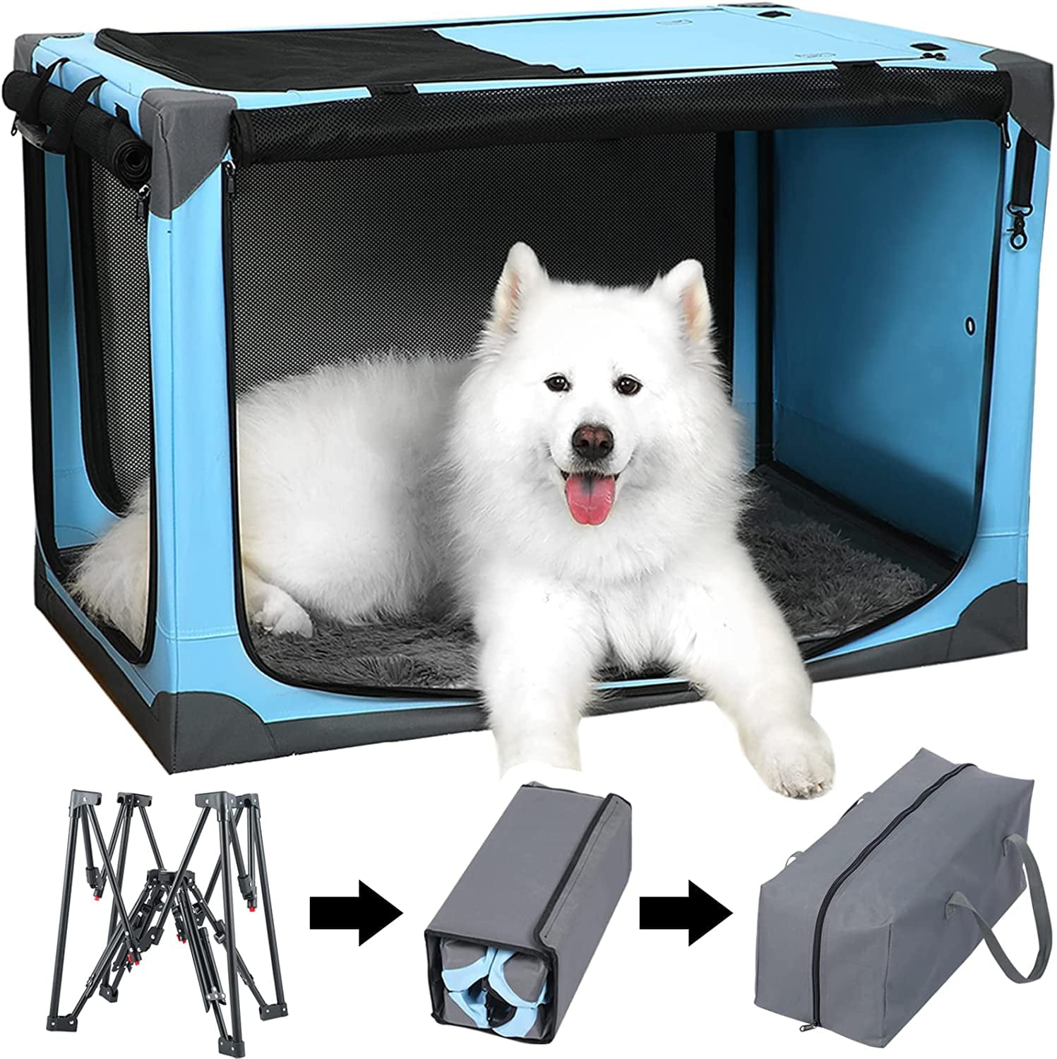 Collapsible Dog Crate 36 inch， Portable Dog Travel Crate， Qpinkpet Soft Foldable Dog Crate Kennel for Car， 4 Door Soft Sided Dog Crate for Medium Large Dogs with Strong Steel Frame， Indoor Outdoor