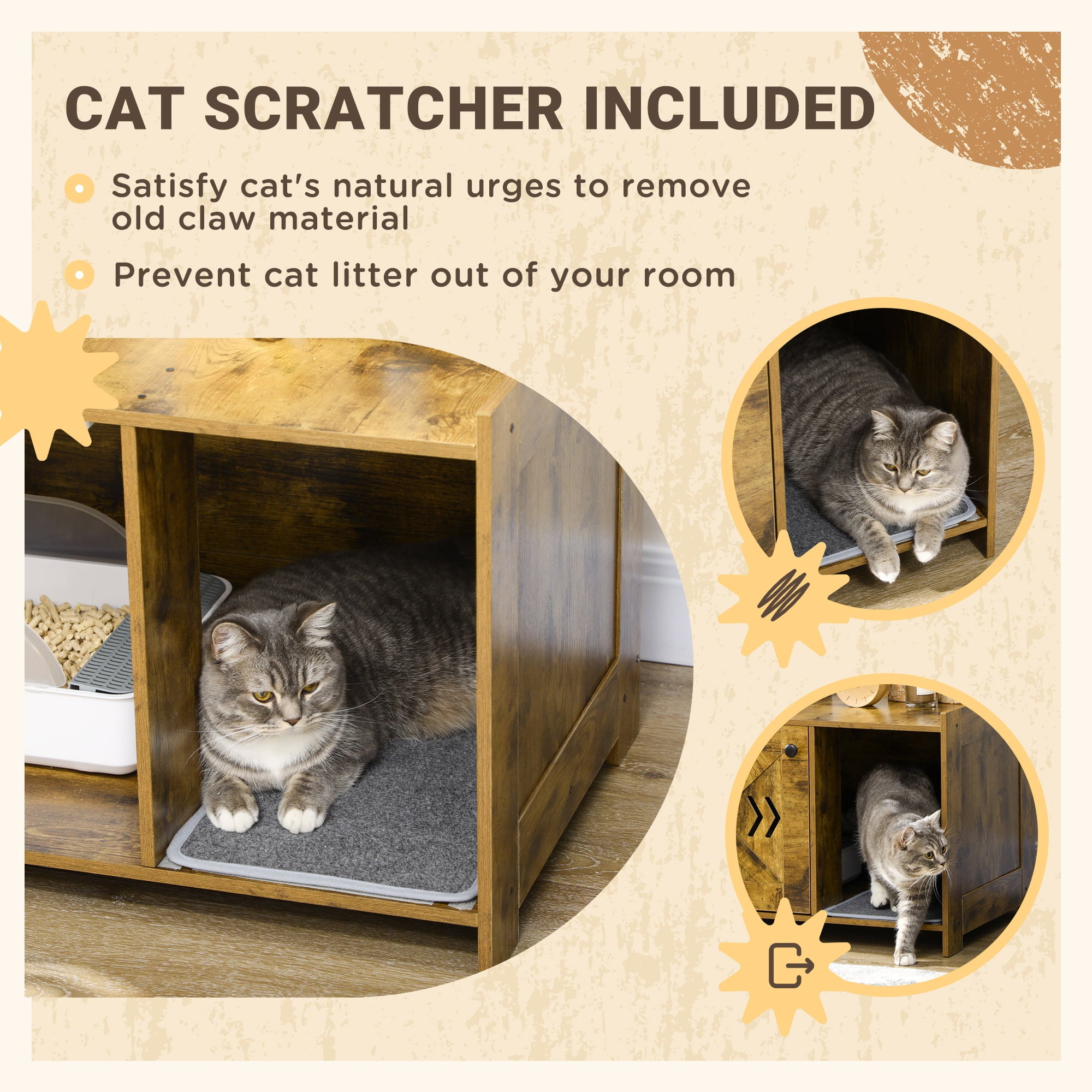 PawHut Hidden Kitty Litter Box Enclosure， Industrial Cat Litter Box Furniture with Door and Scratching Pad， Cat Washroom Storage Bench for Living Room， Bedroom， Hallway， Rustic Brown