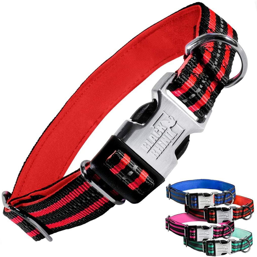 Black Rhino - Classic Striped Adjustable Dog Collar for Small Medium Large Breeds | 3m Reflective Threading | 4 Bright Colors - Matching Leashes Sold Separately (Red Striped， Small)