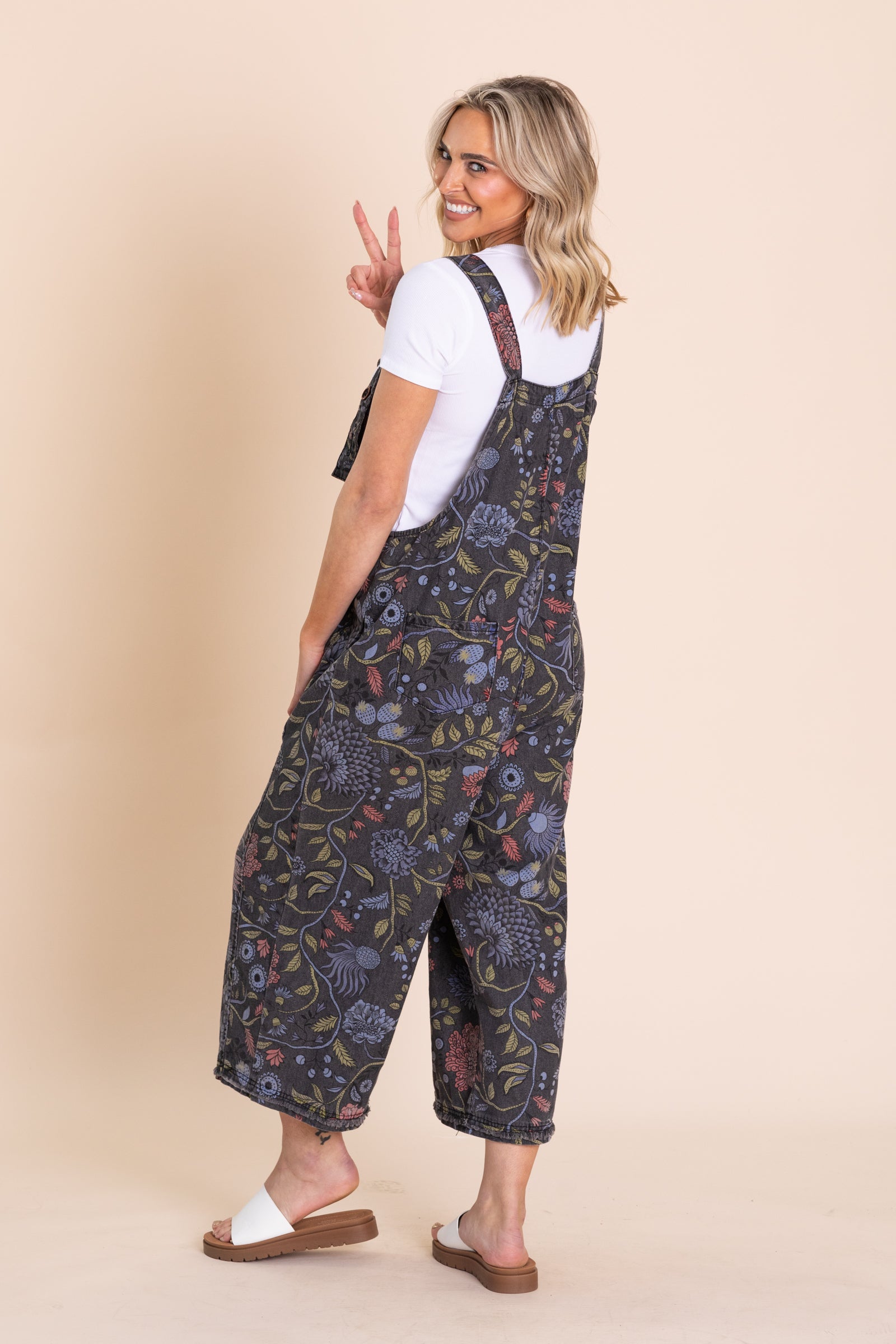 Black Denim Floral Vintage Overall Jumpsuit