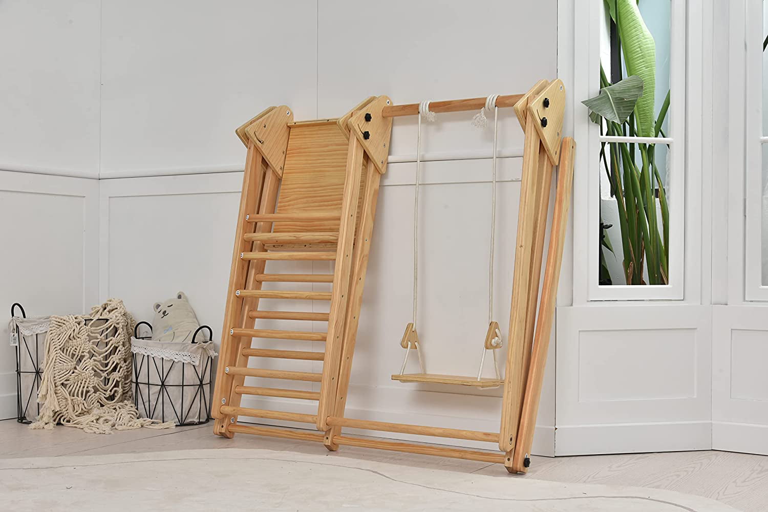 Avenlur Juniper Montessori Toddler Playset Indoor Playground Folding Gym， Interchangeable Baby/Toddler Swing 5 in 1 Multifunctional Foldable， Ladder Climber， Slide， Rock Climbing Kids Ages 1yr - 5yrs