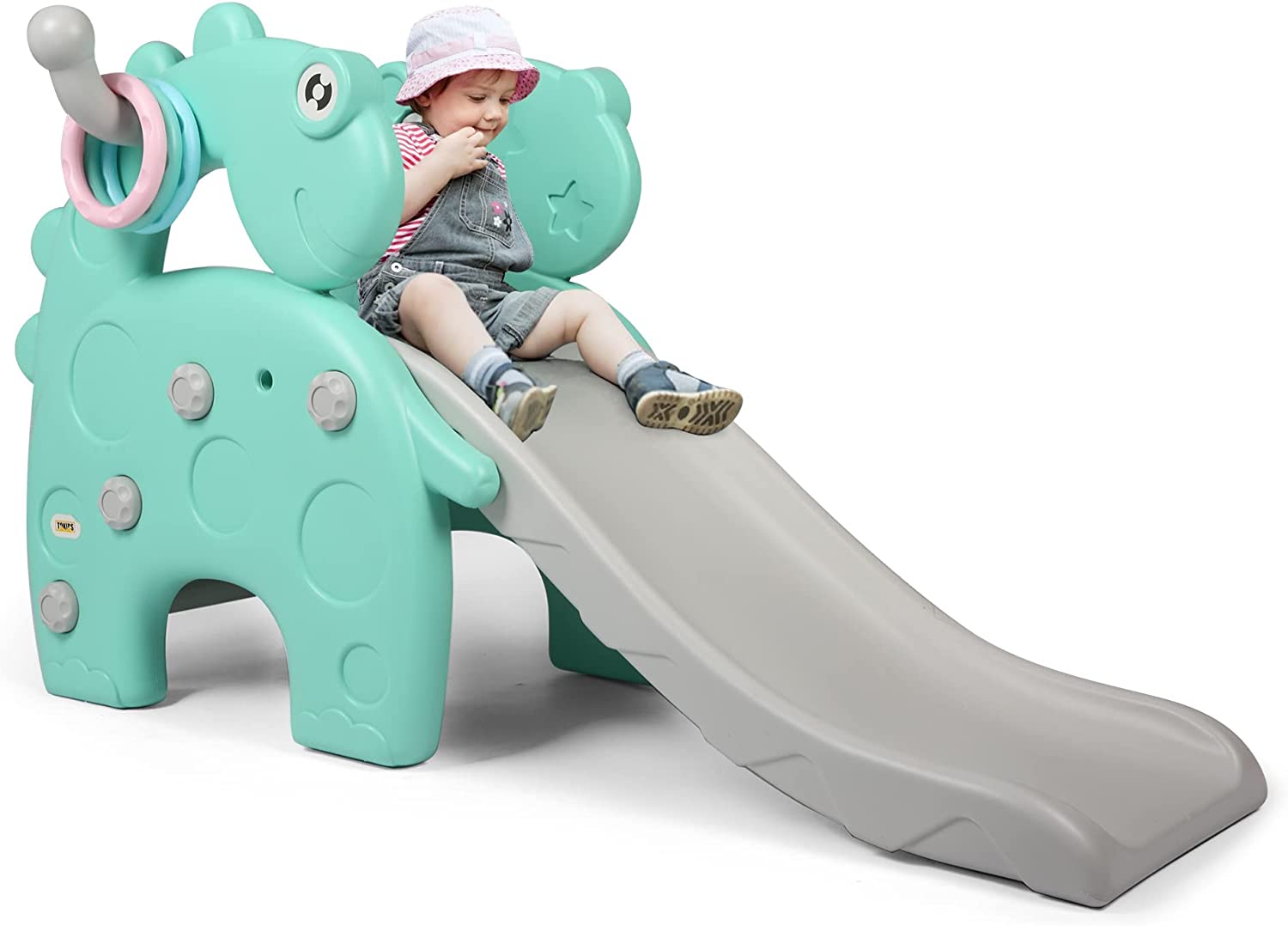 Toddlers Slide and Climber Set - 4 in 1 Play Slide + 3-Step Climbers + Basketball Hoop + 3-Color Ring Toss， Kids Indoor Slide Slipping Backyard Playground Have Fun， Green