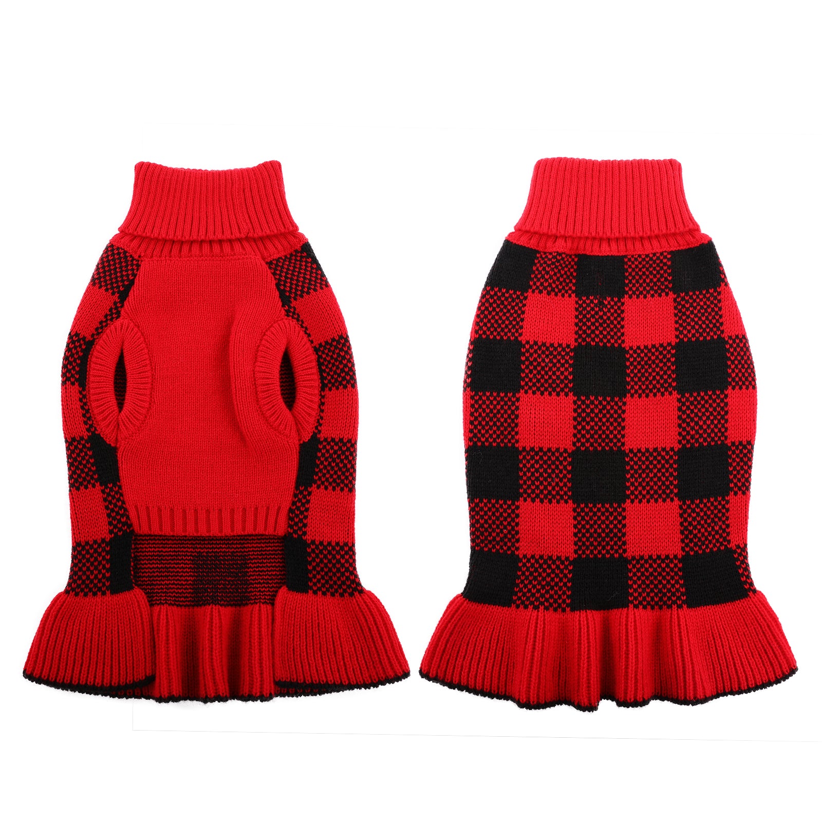QBLEEV Pet Dog Sweaters Dress for Small Medium Dogs，Dog Knitwear Warm Turtleneck Pullover Puppy Sweater，Cute Pet Plaid Vest Dress with Leash Hole， Cozy Pet Fall Winter Clothes Christmas Apparel