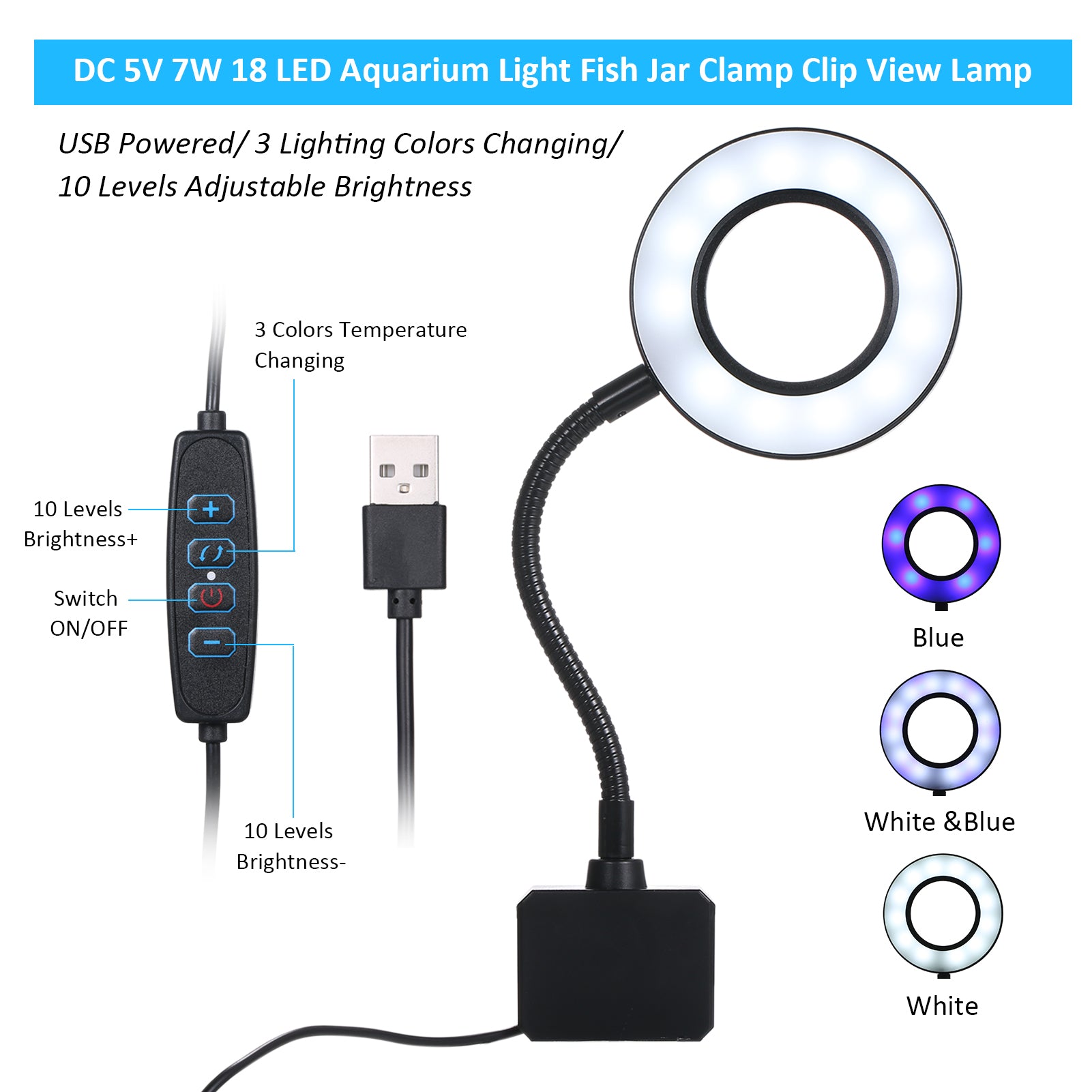 MABOTO DC 5V 7W 18 LED Aquarium Light Fish Jar Clamp Clip View Lamp USB Powered Operated 3 Lighting Colors Changeable 10 Levels Adjustable Brightness Dimmable Flexible Bendable Foldable Tube Design Po