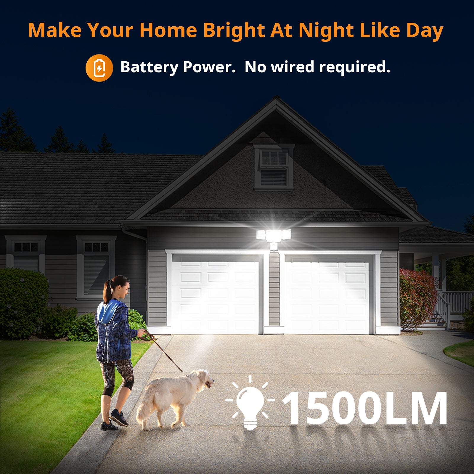 LEPOWER Battery Powered LED Flood Light Outdoor，1500 LM， 5000 K， IP65 Waterproof， Wireless Flood Light Battery Operated， 3 Head Motion Detector Light for Garage， Yard， Porch， White