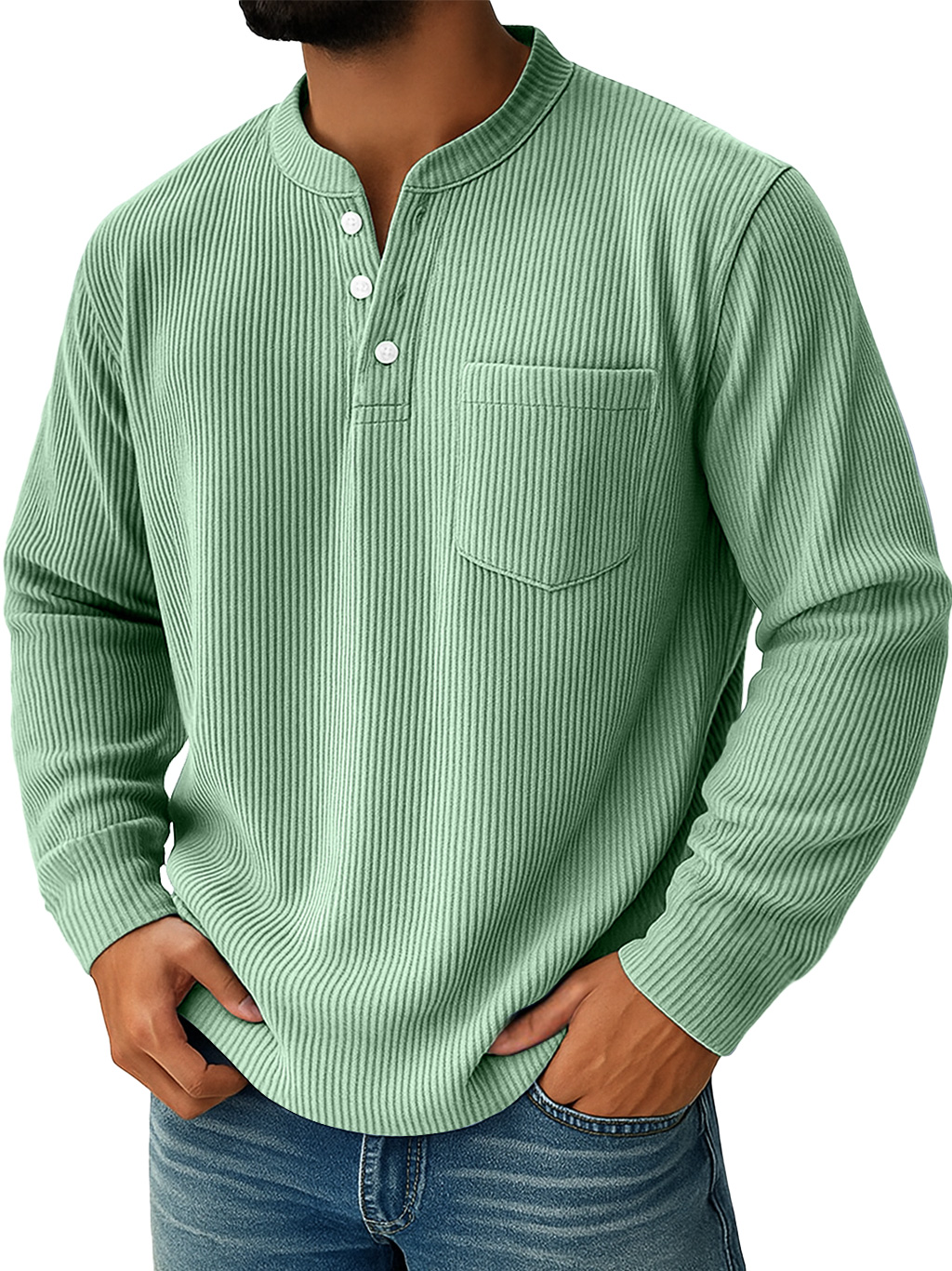 Men's Simple Everyday Ribbed Stand Collar Pocket Casual Long Sleeve Henley Shirt