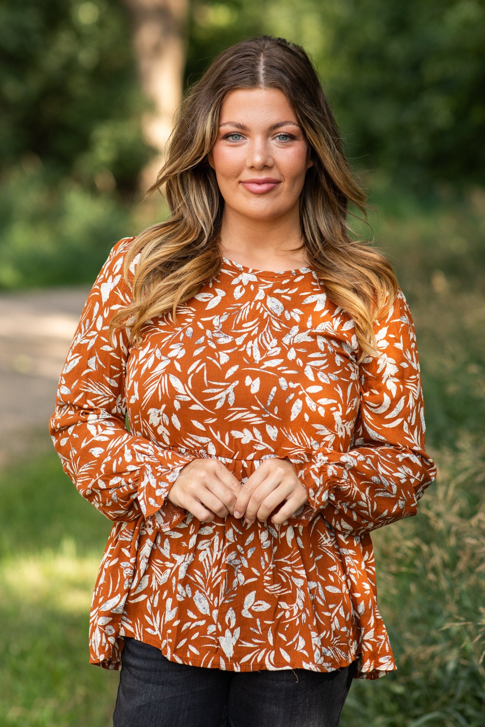 Cognac Drop Waist Leaf Print Top