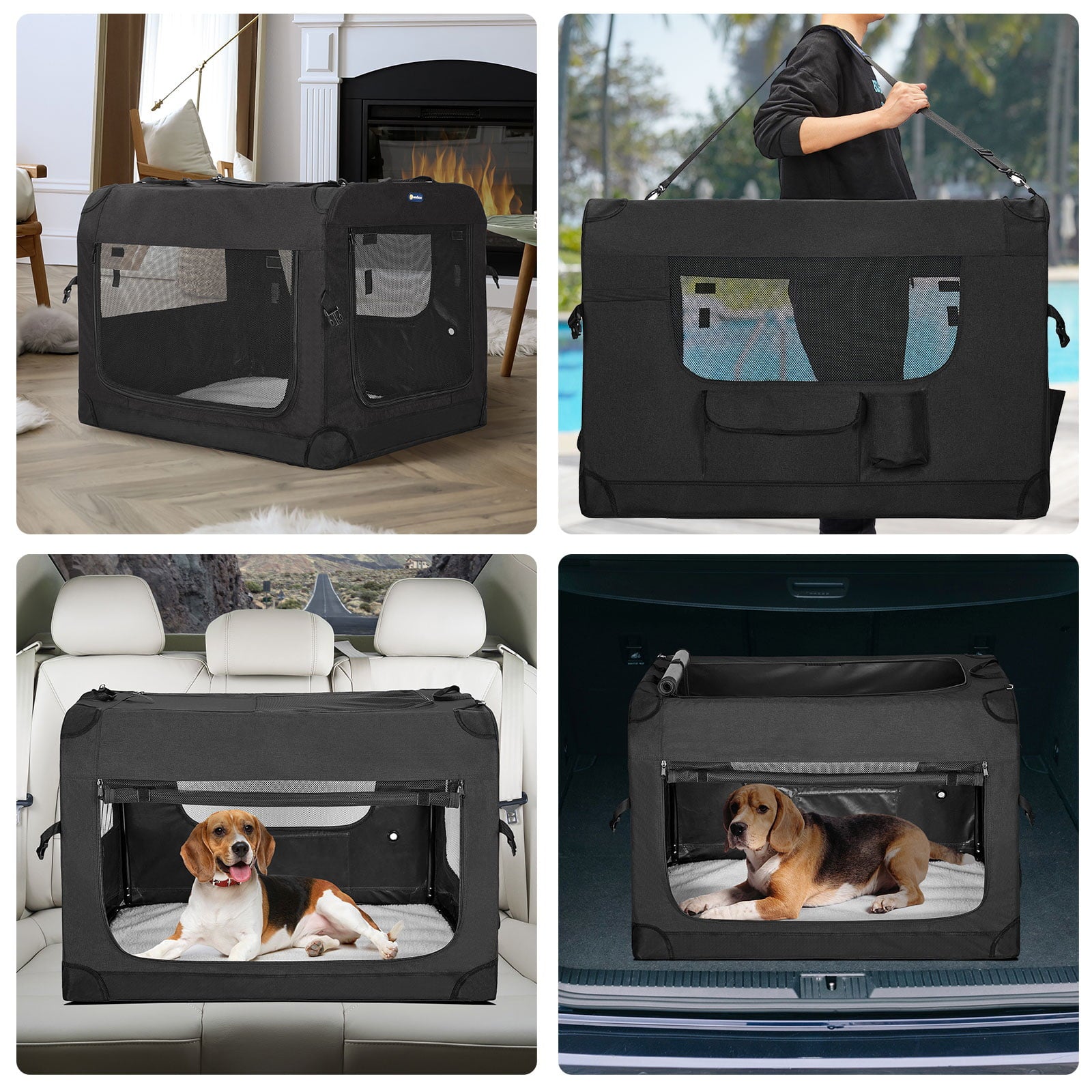 Veehoo Folding Soft Dog Crate， 3-Door Pet Kennel， 600D Cationic Oxford Fabric， 20