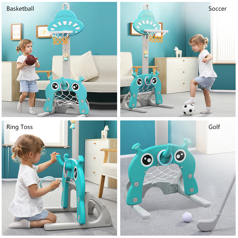 Kids Basketball Hoop 5 in 1 Toddlers Grow with Me Sports Activity Center Football Soccer Goal Golf Game Ring Toss Set for Indoor Outdoor， 3.8 to 5 Feet Height Adjustable， Green