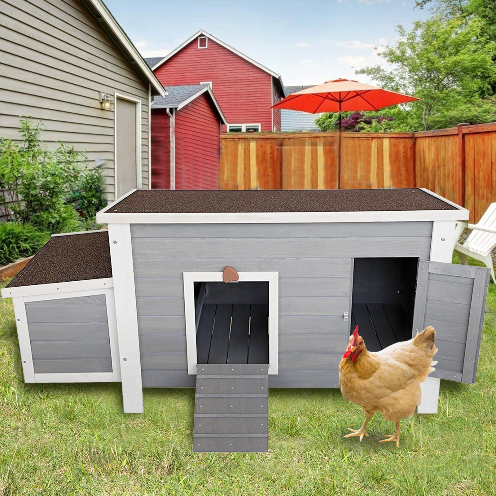 Petsfit Wooden Chicken Coop with Nesting Box，Weatherproof Poultry Cage， Rabbit Hutch Gray