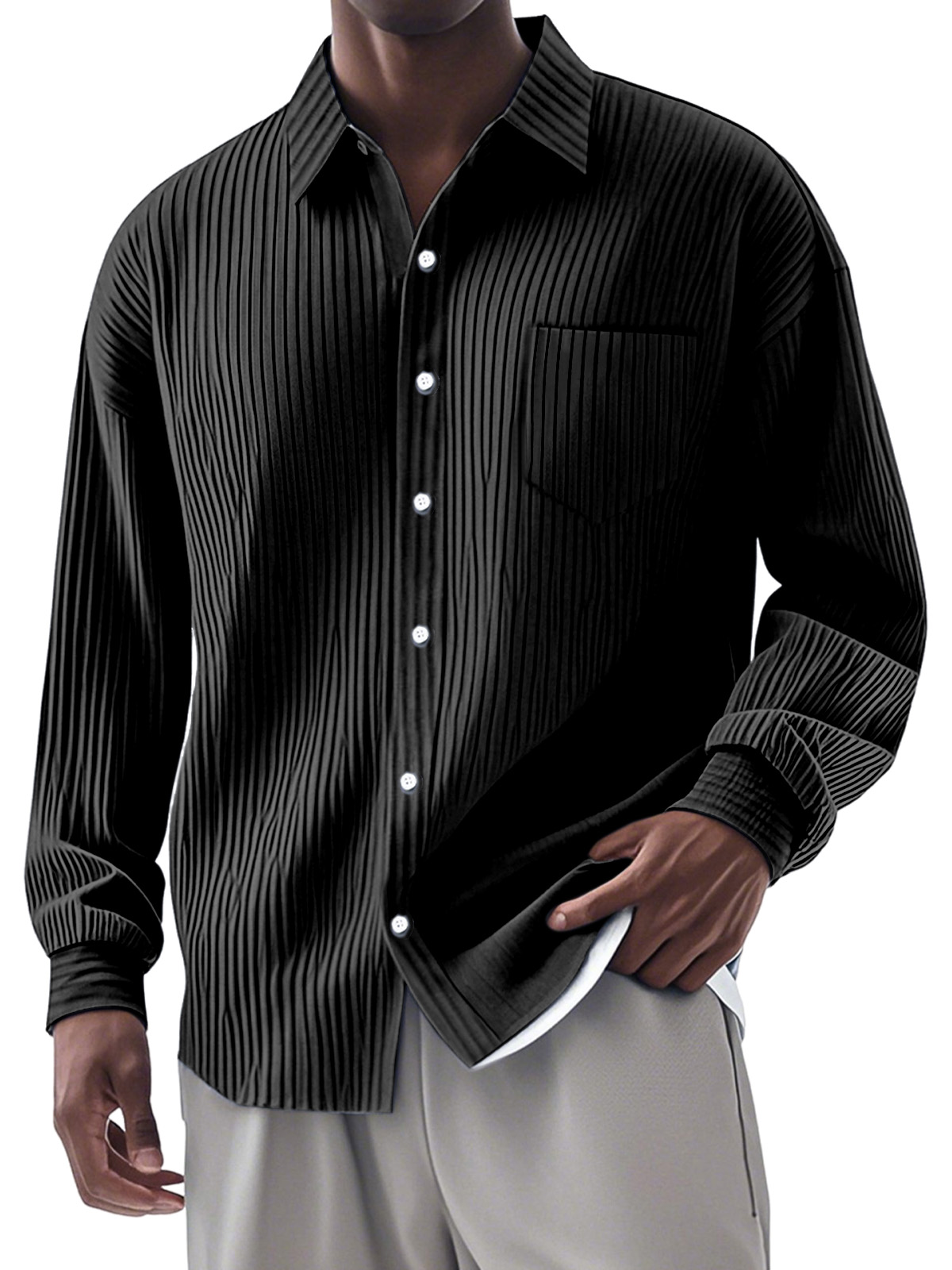 🎄Christmas Sale🔥Men's Casual Simple Vertical Pit Strip Long-sleeved Lapel Shirt