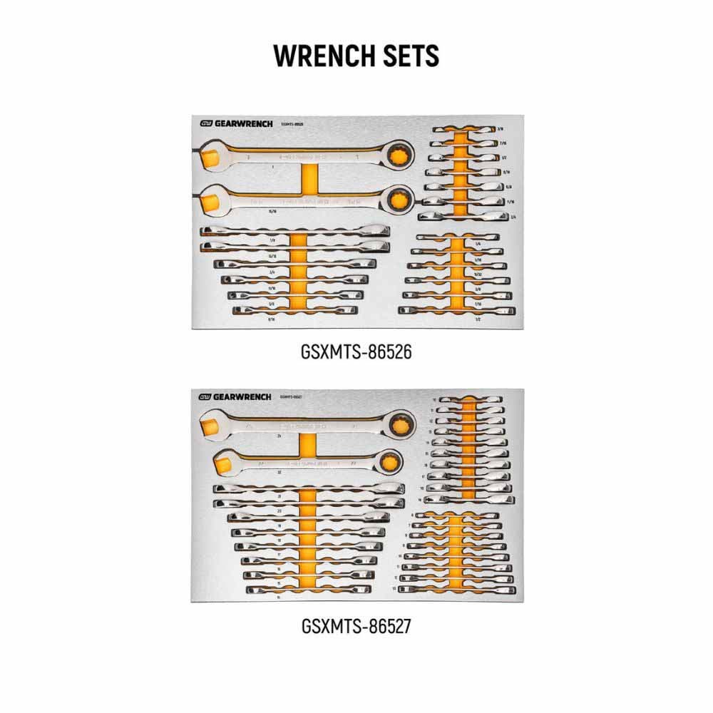 Conjunto de ferramentas GearWrench MEGAMOD873 Master Technician com 873 peças, em bandejas modulares com compartimentos para armazenamento.